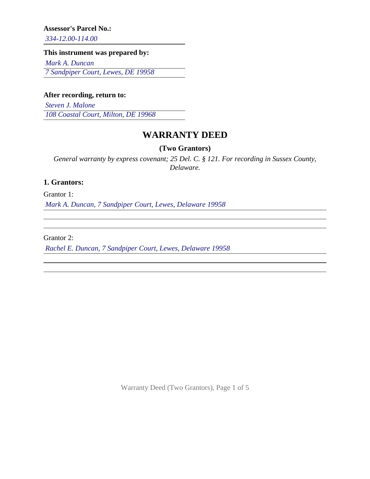 Sussex County Sussex County Completed Example of the Warranty Deed (Two Grantors) Document