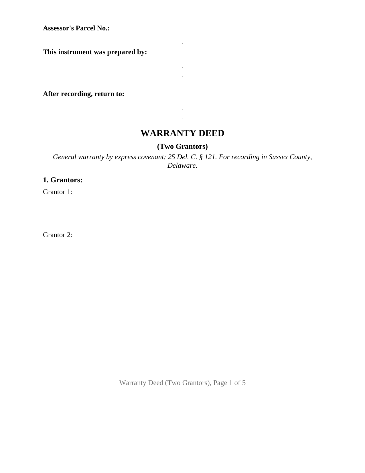 Sussex County Sussex County Warranty Deed (Two Grantors) Form