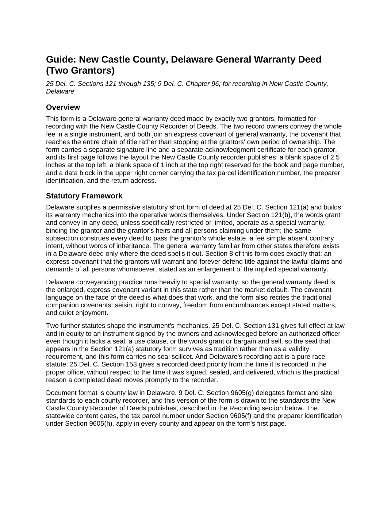 New Castle County New Castle County Warranty Deed (Two Grantors) Guide