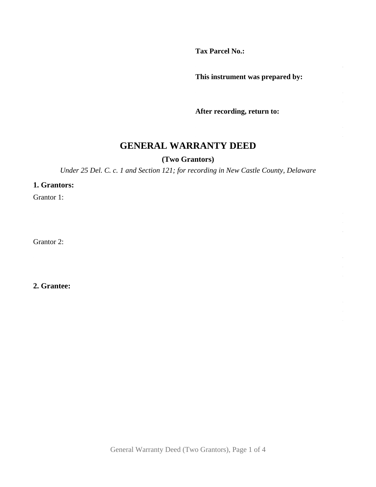 New Castle County New Castle County Warranty Deed (Two Grantors) Form