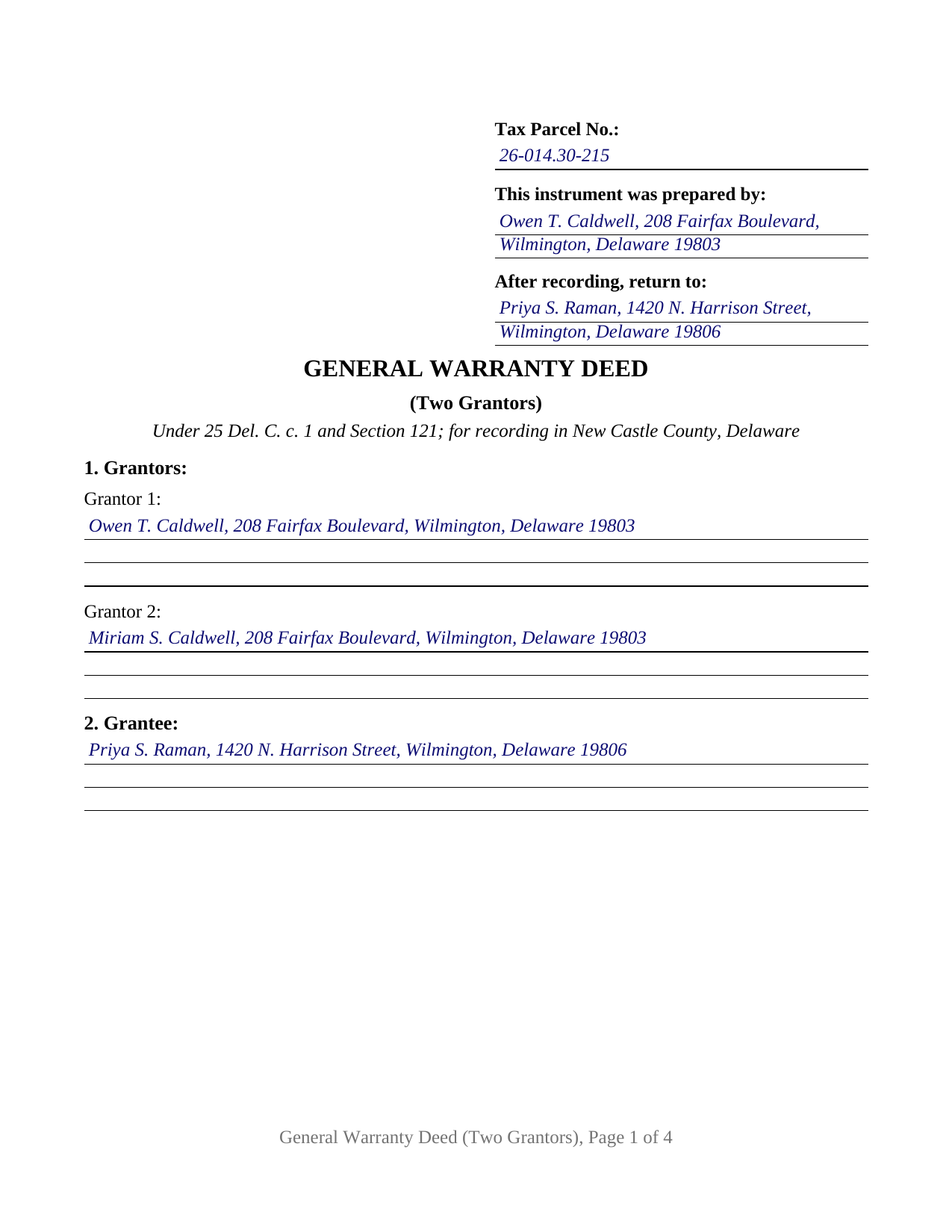 New Castle County New Castle County Completed Example of the Warranty Deed (Two Grantors) Document