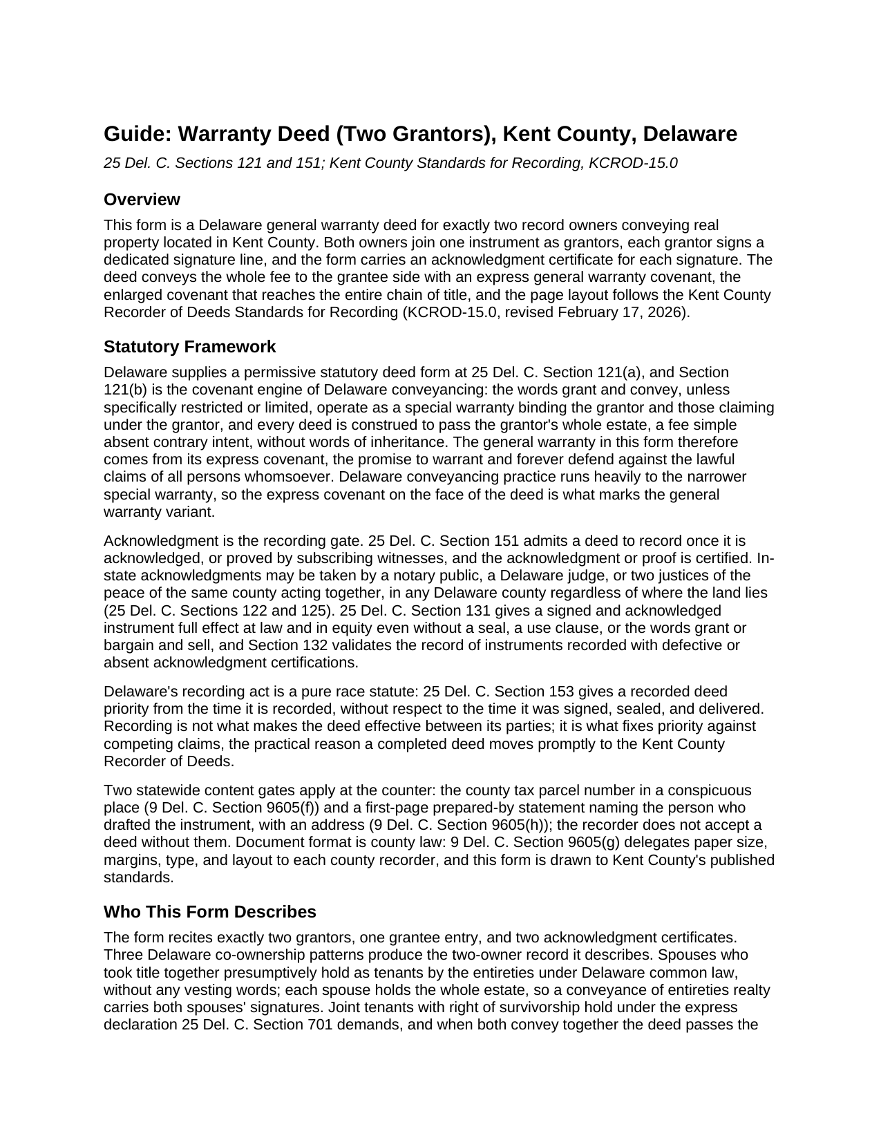 Kent County Kent County Warranty Deed (Two Grantors) Guide