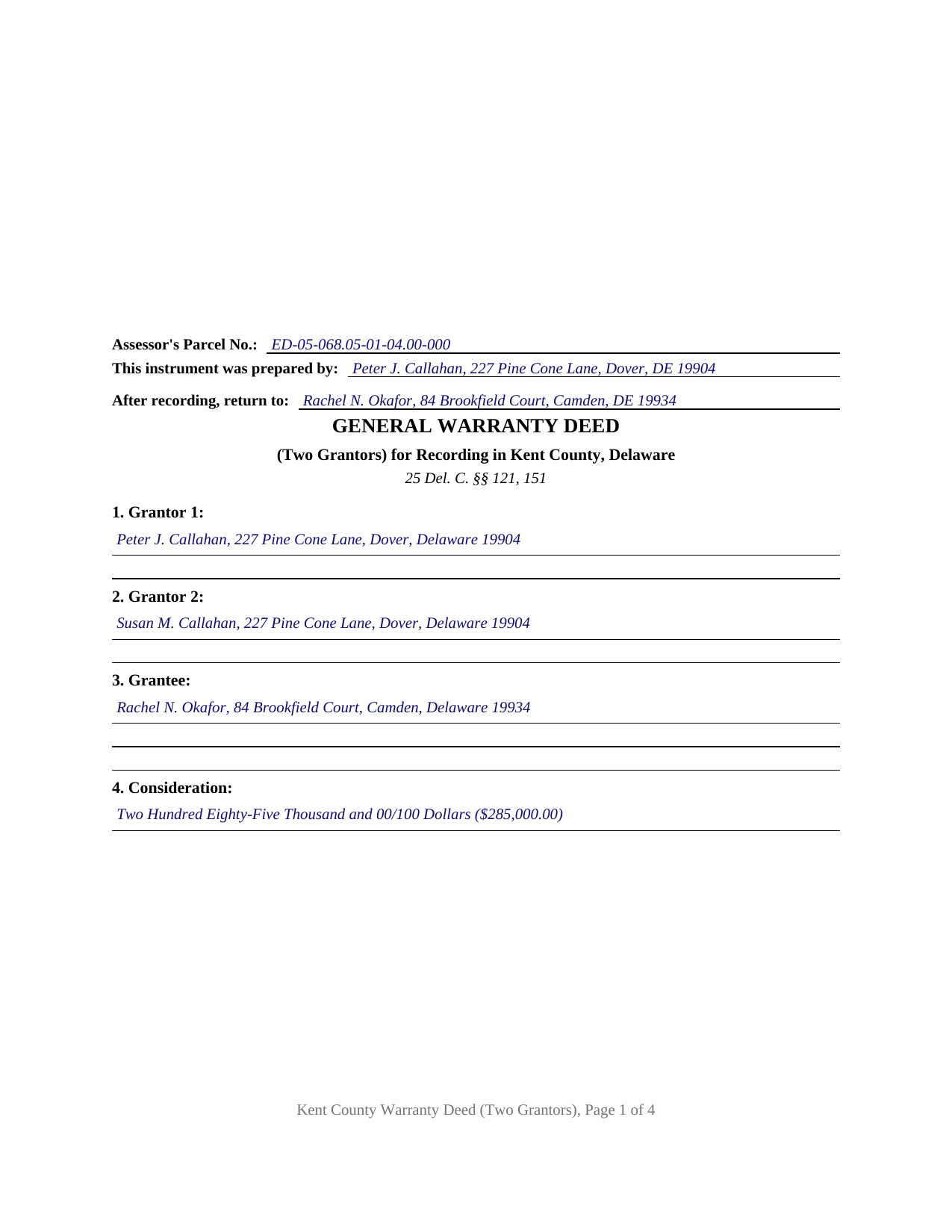 Kent County Kent County Completed Example of the Warranty Deed (Two Grantors) Document