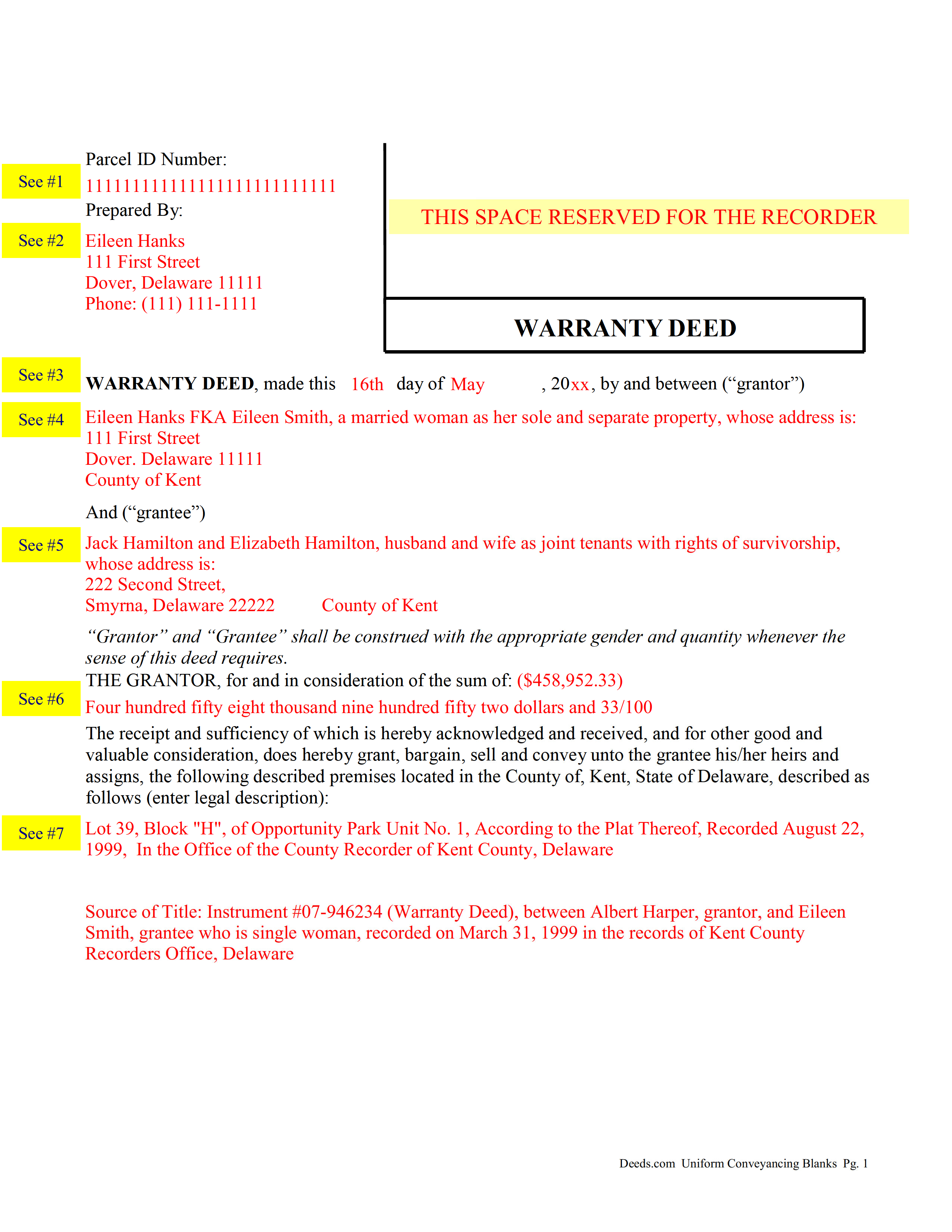 Completed Example of the Warranty Deed Document