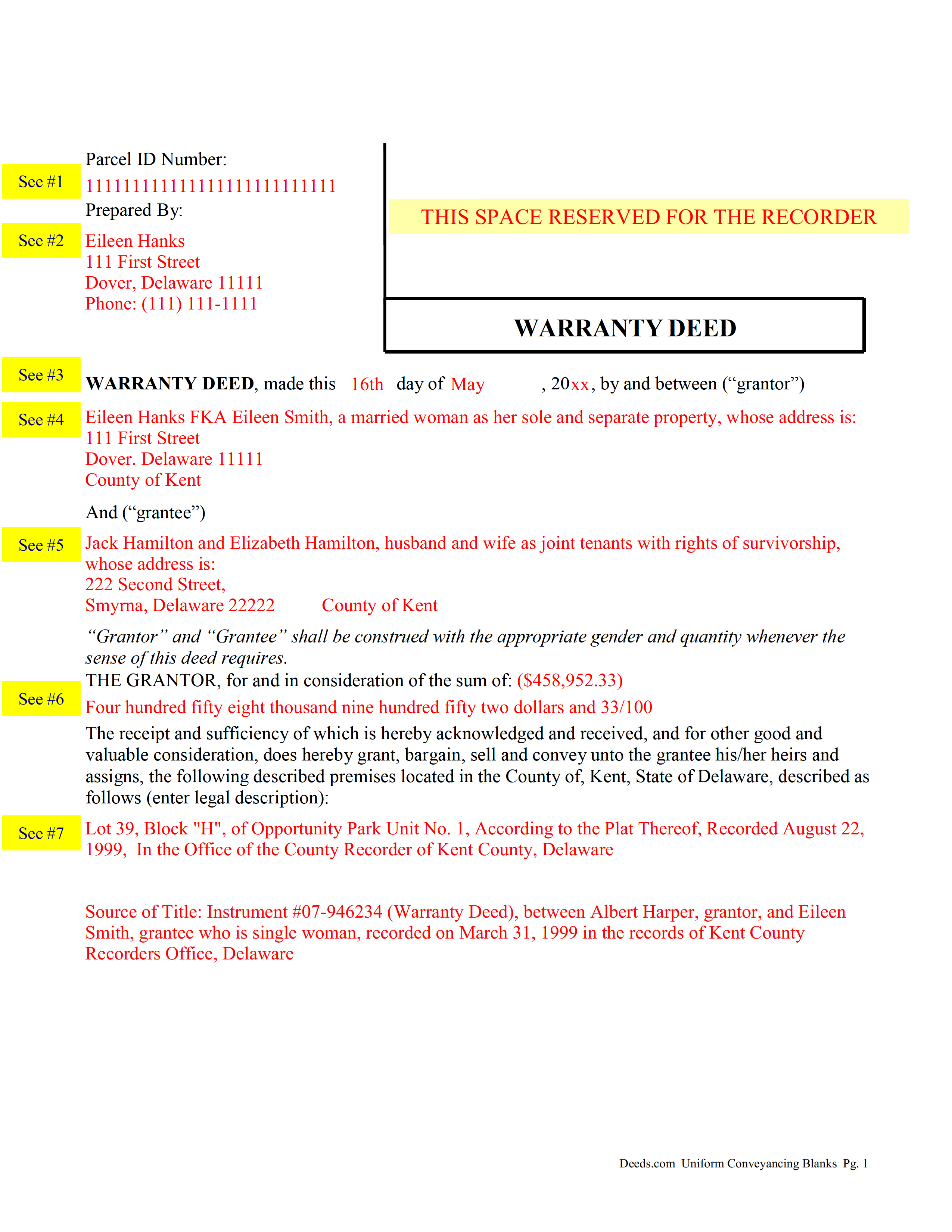 Kent County Completed Example of the Warranty Deed Document