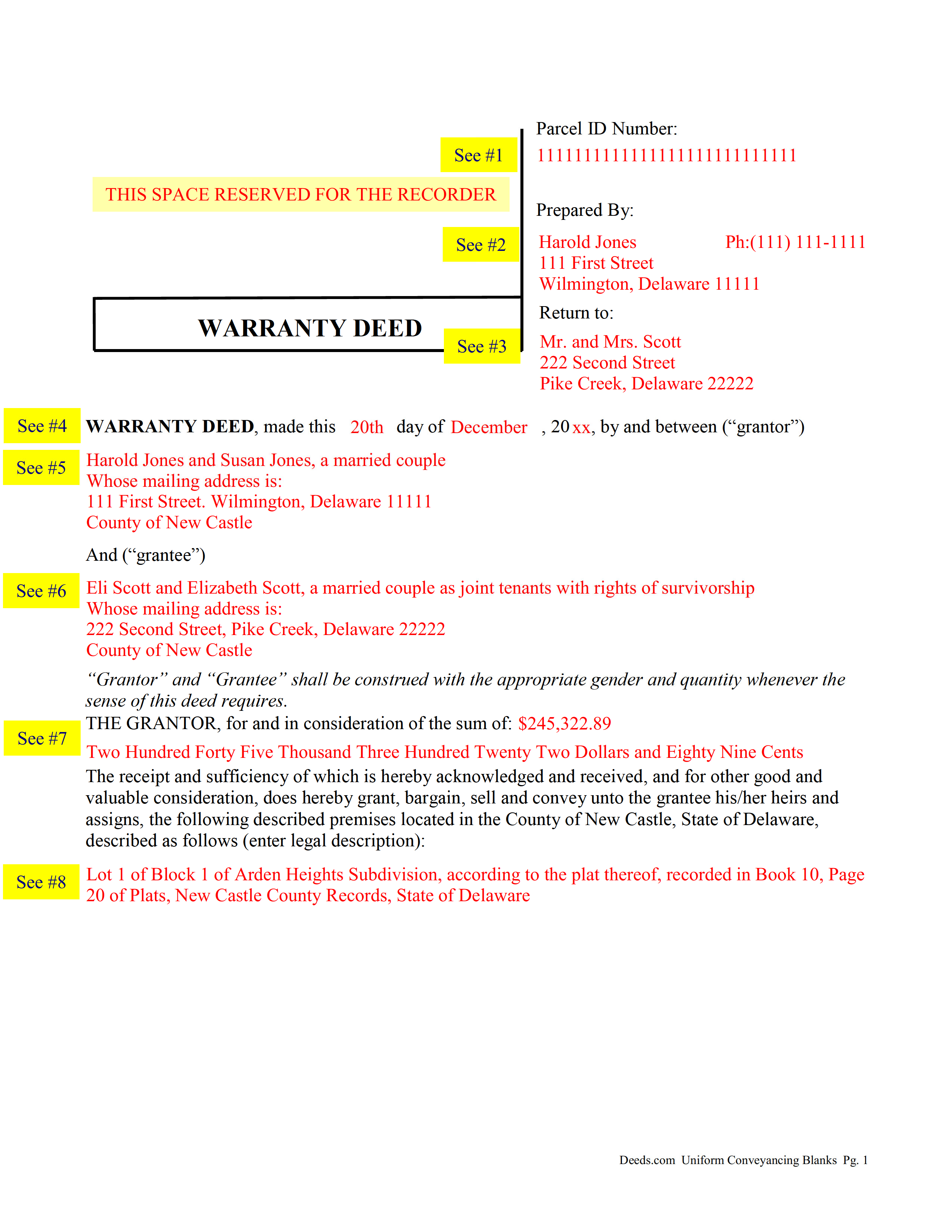 New Castle County Completed Example of the Warranty Deed Document