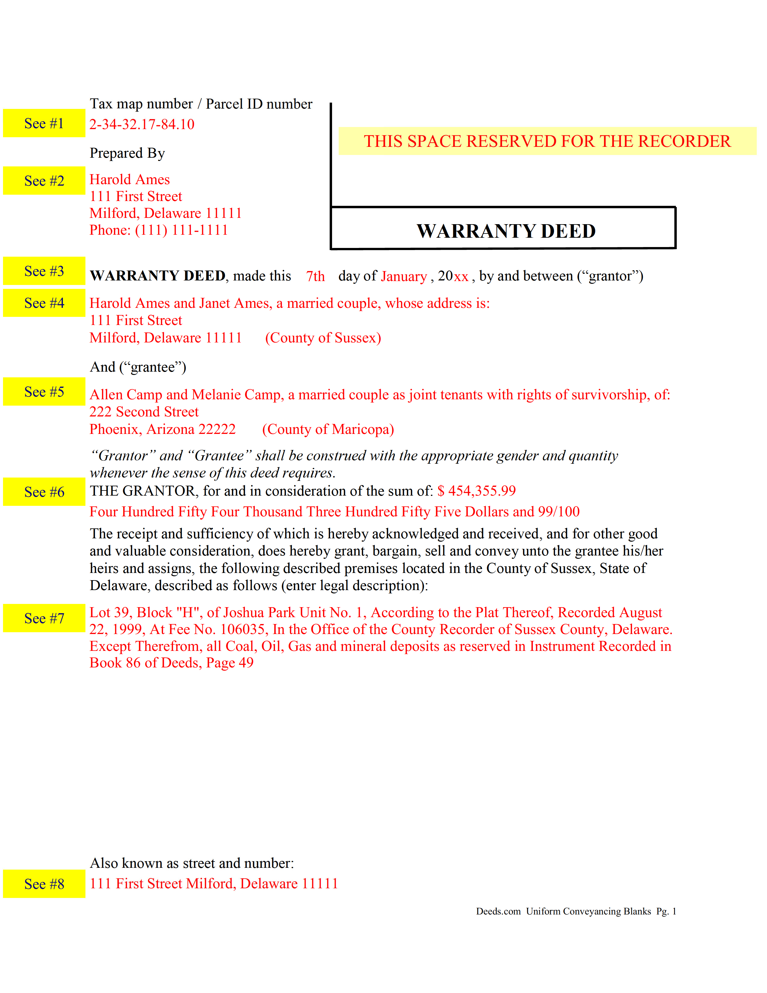 Sussex County Completed Example of the Warranty Deed Document