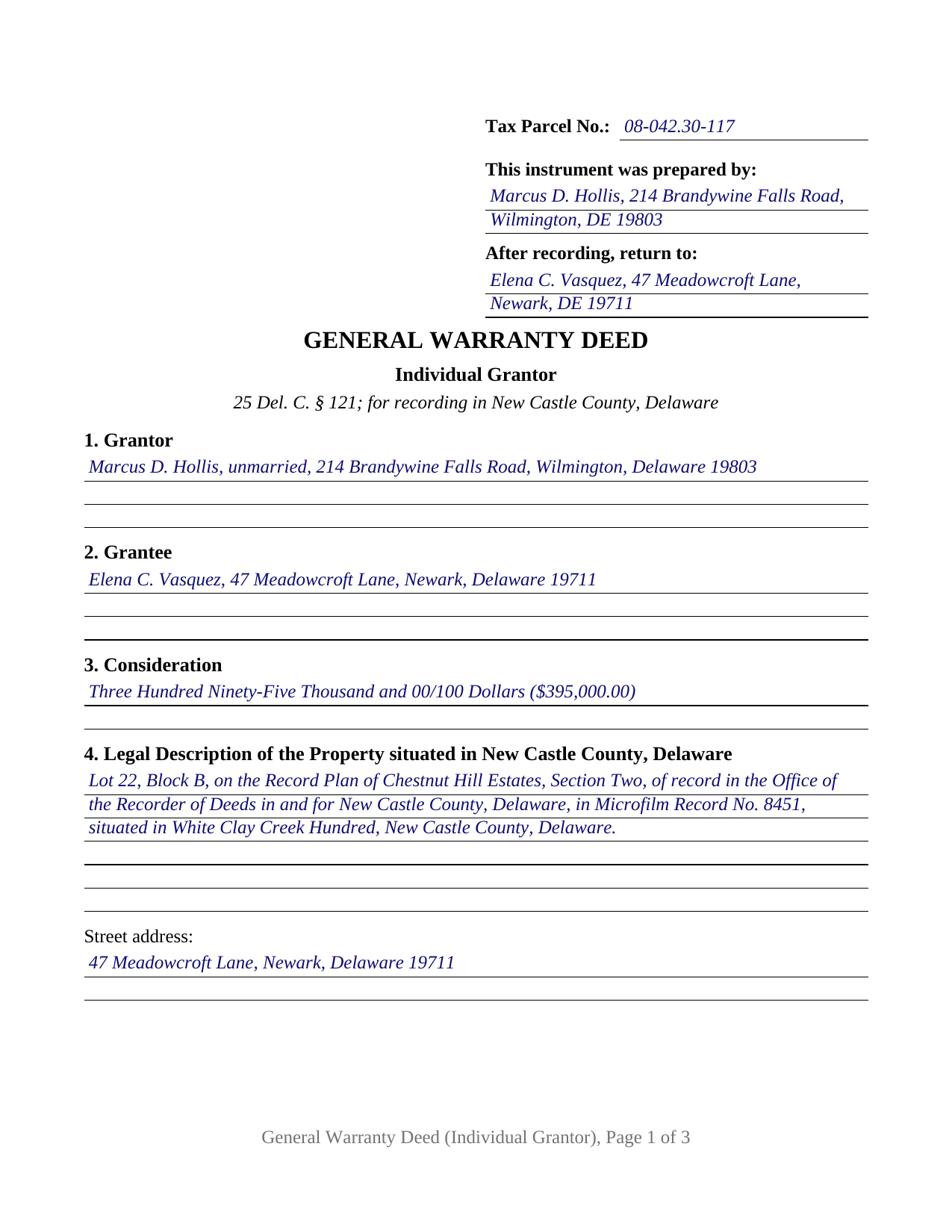 New Castle County New Castle County Completed Example of the Warranty Deed Document