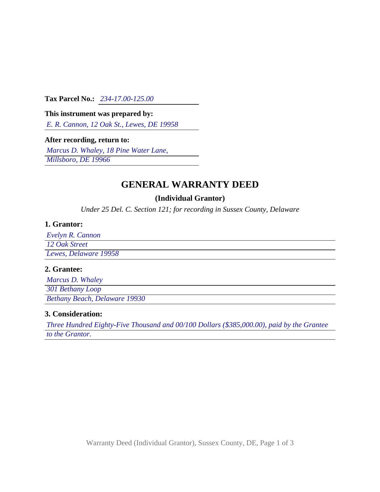 Sussex County Sussex County Completed Example of the Warranty Deed Document