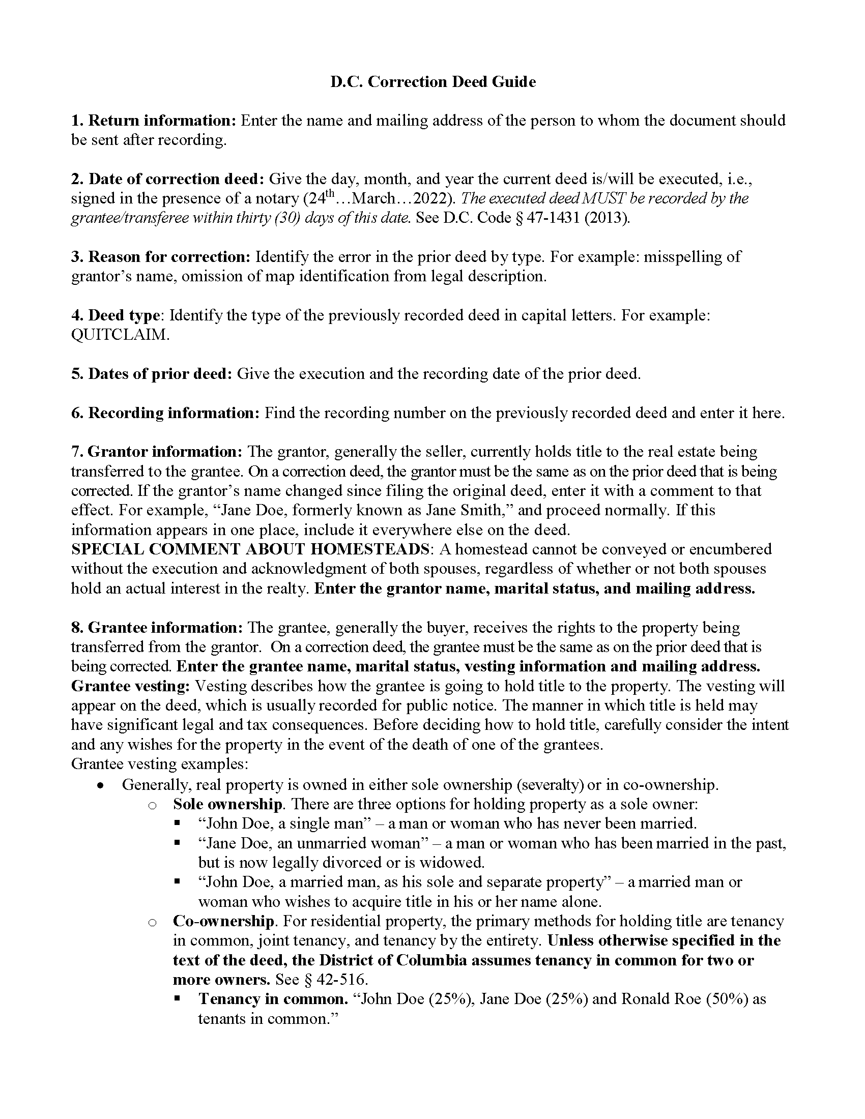 District Of Columbia County Correction Deed Guide
