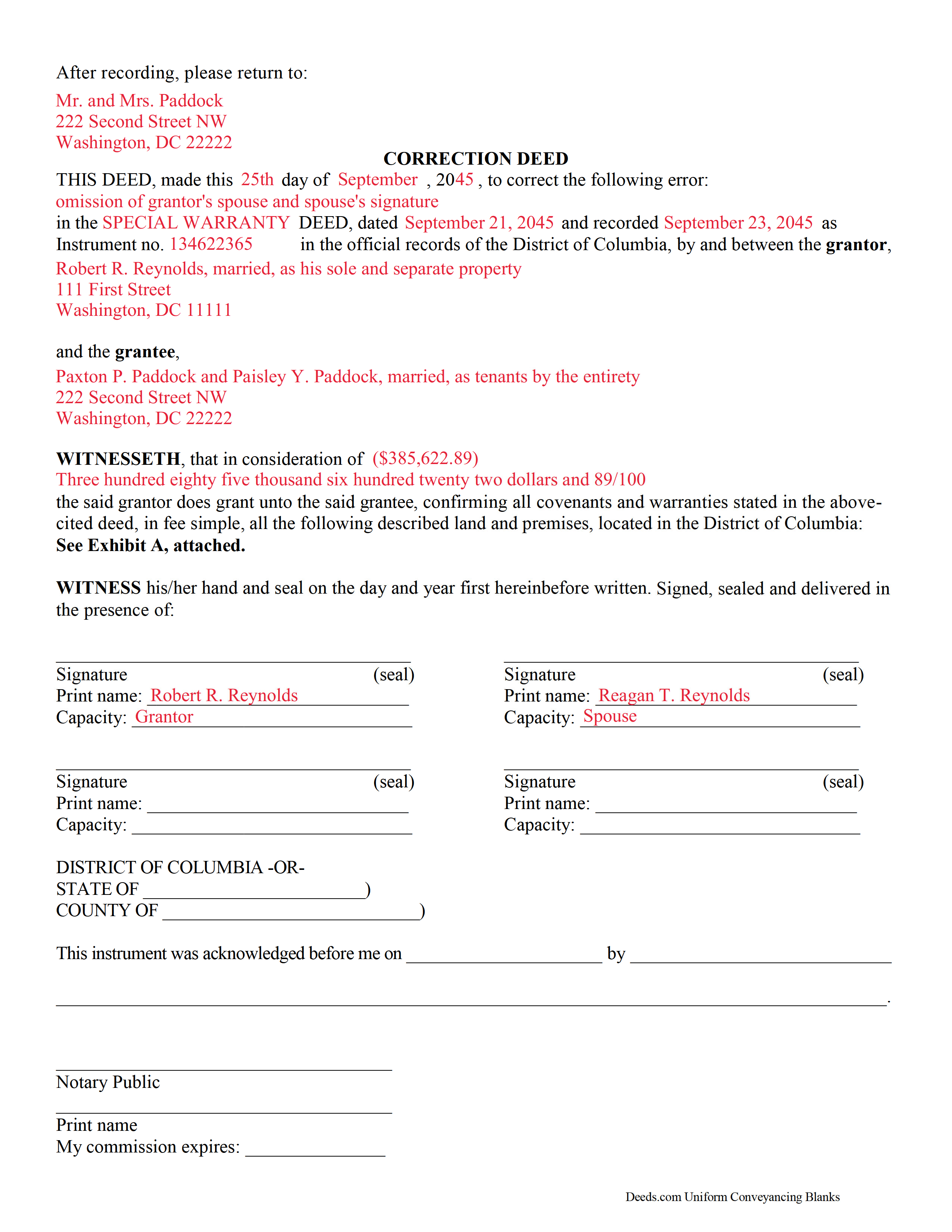 District Of Columbia County Completed Example of the Correction Deed Document