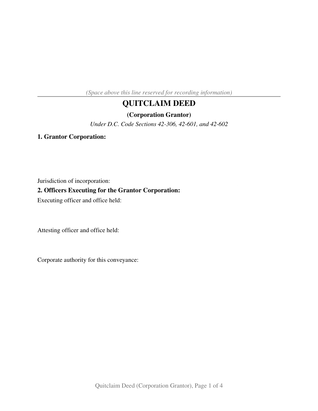 District Of Columbia Quitclaim Deed (Corporation Grantor)