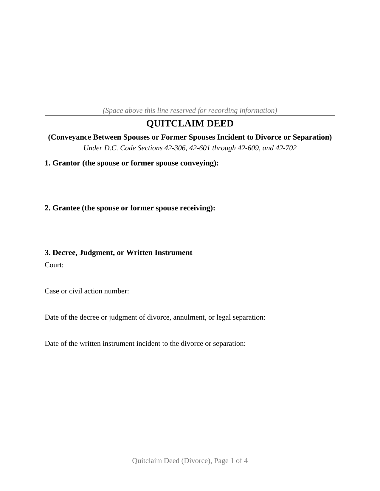 District Of Columbia Quitclaim Deed (Divorce)