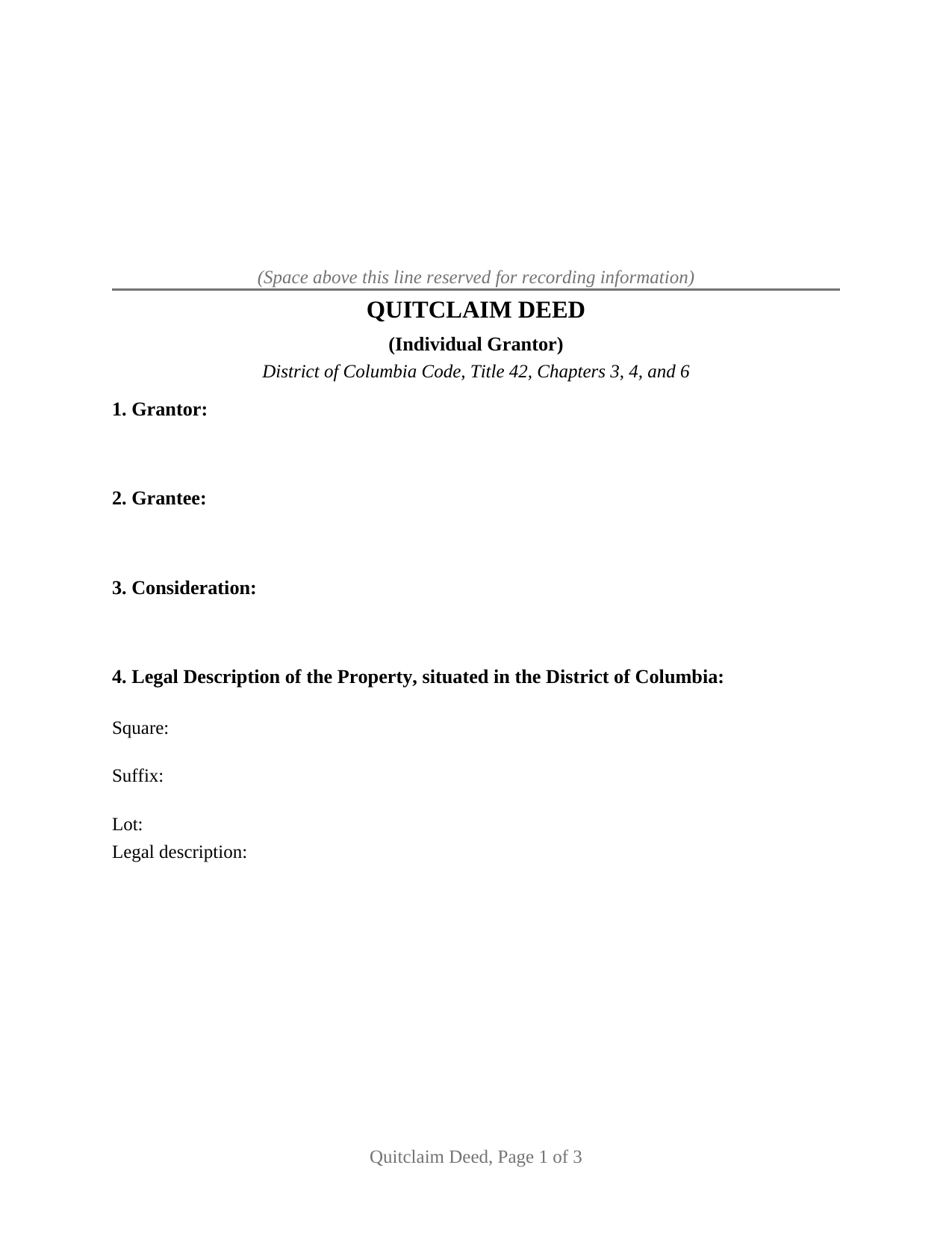 District Of Columbia Quitclaim Deed (Individual Grantor)