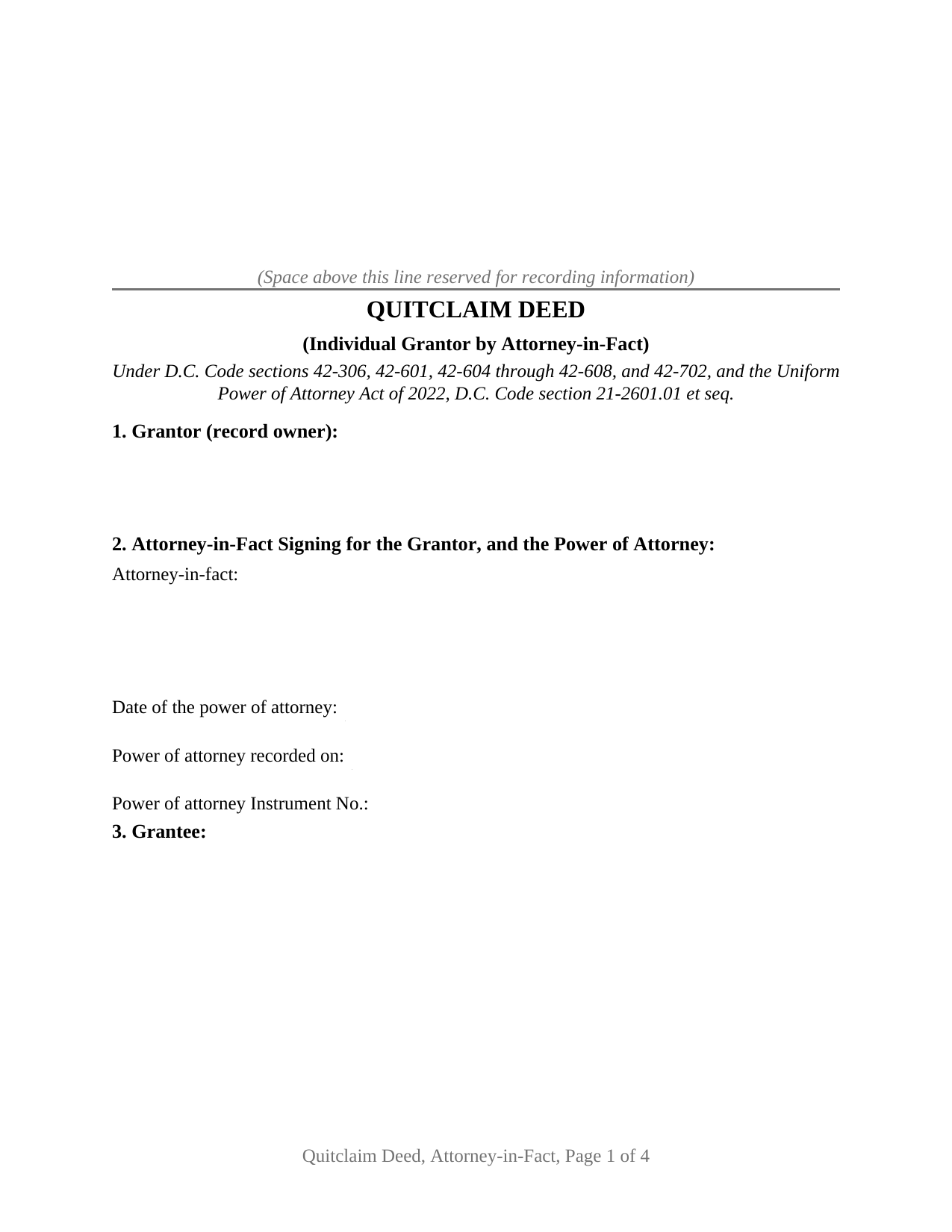 District Of Columbia Quitclaim Deed (Individual Grantor by Attorney-in-Fact)