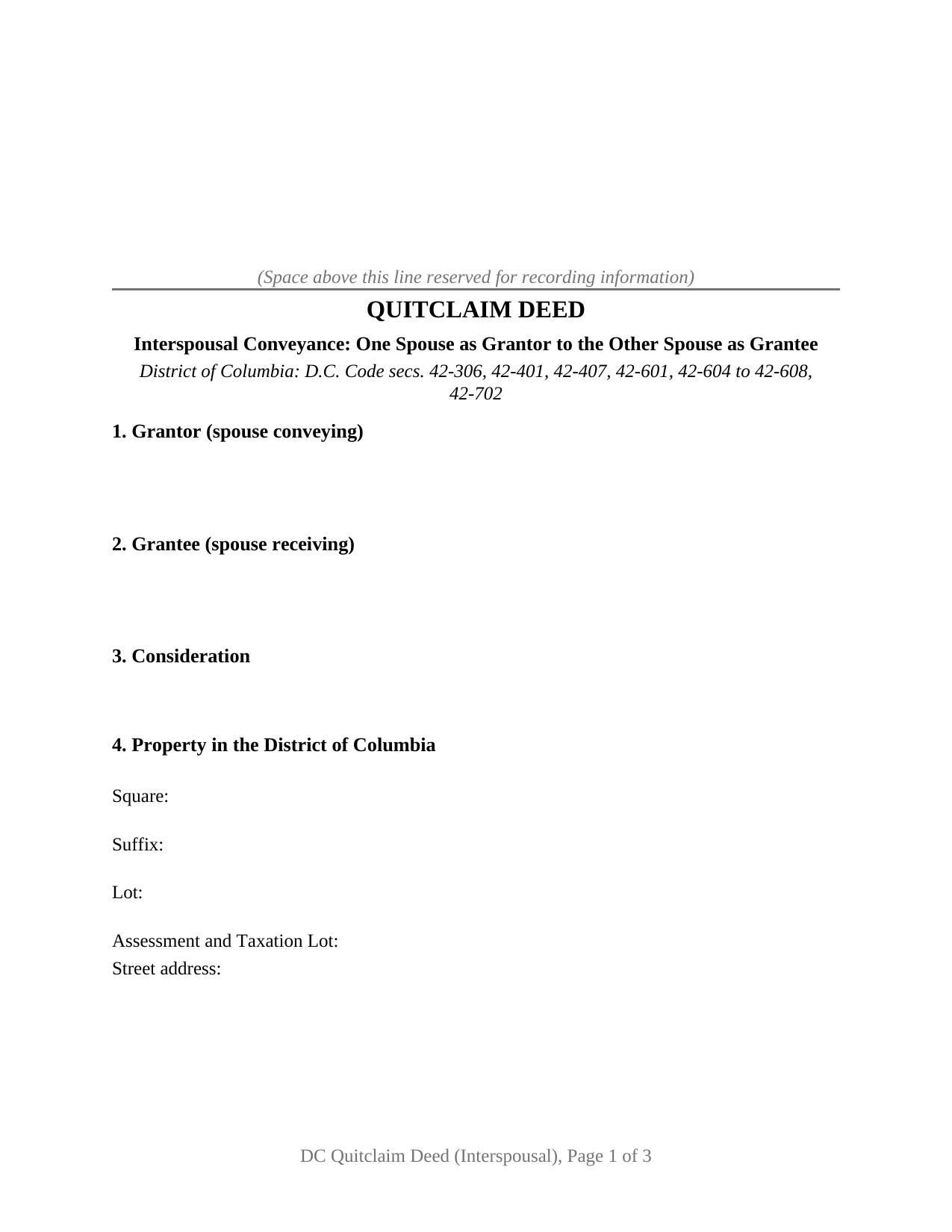 District Of Columbia Quitclaim Deed (Interspousal)