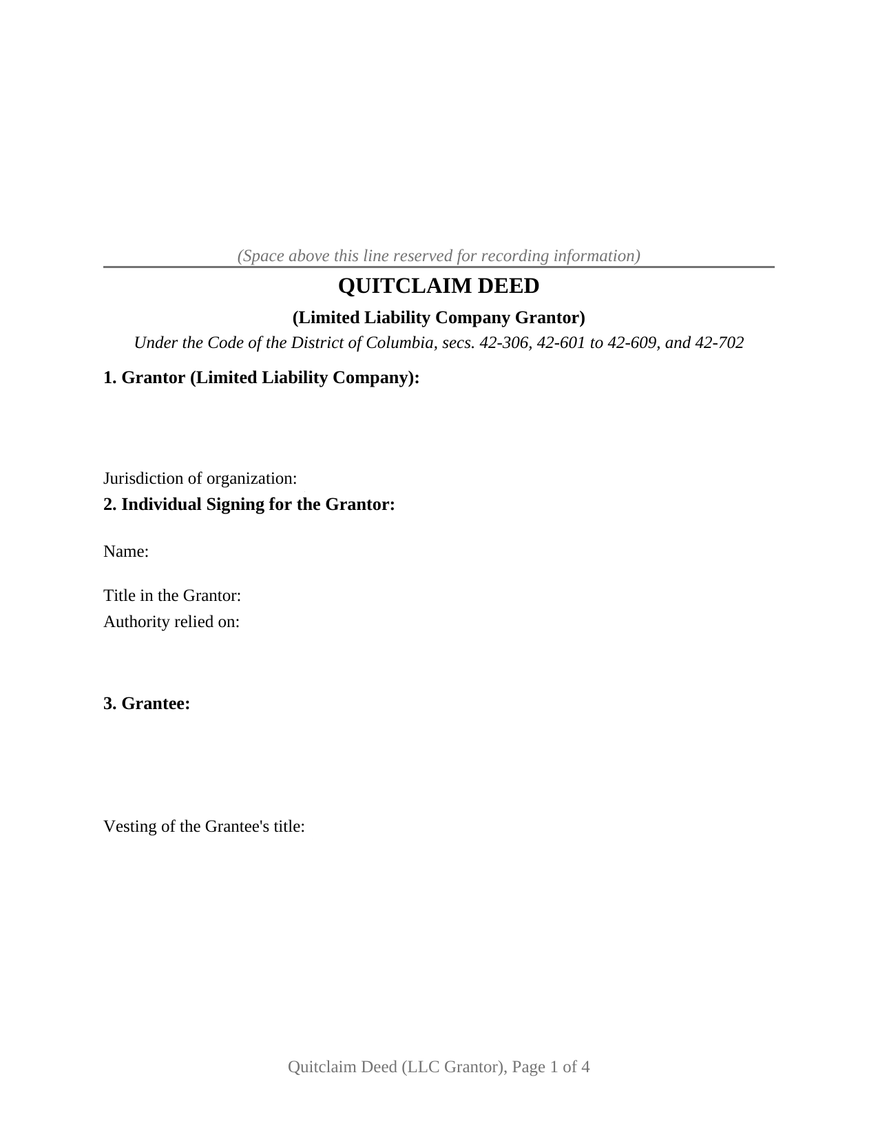 District Of Columbia Quitclaim Deed (LLC Grantor)