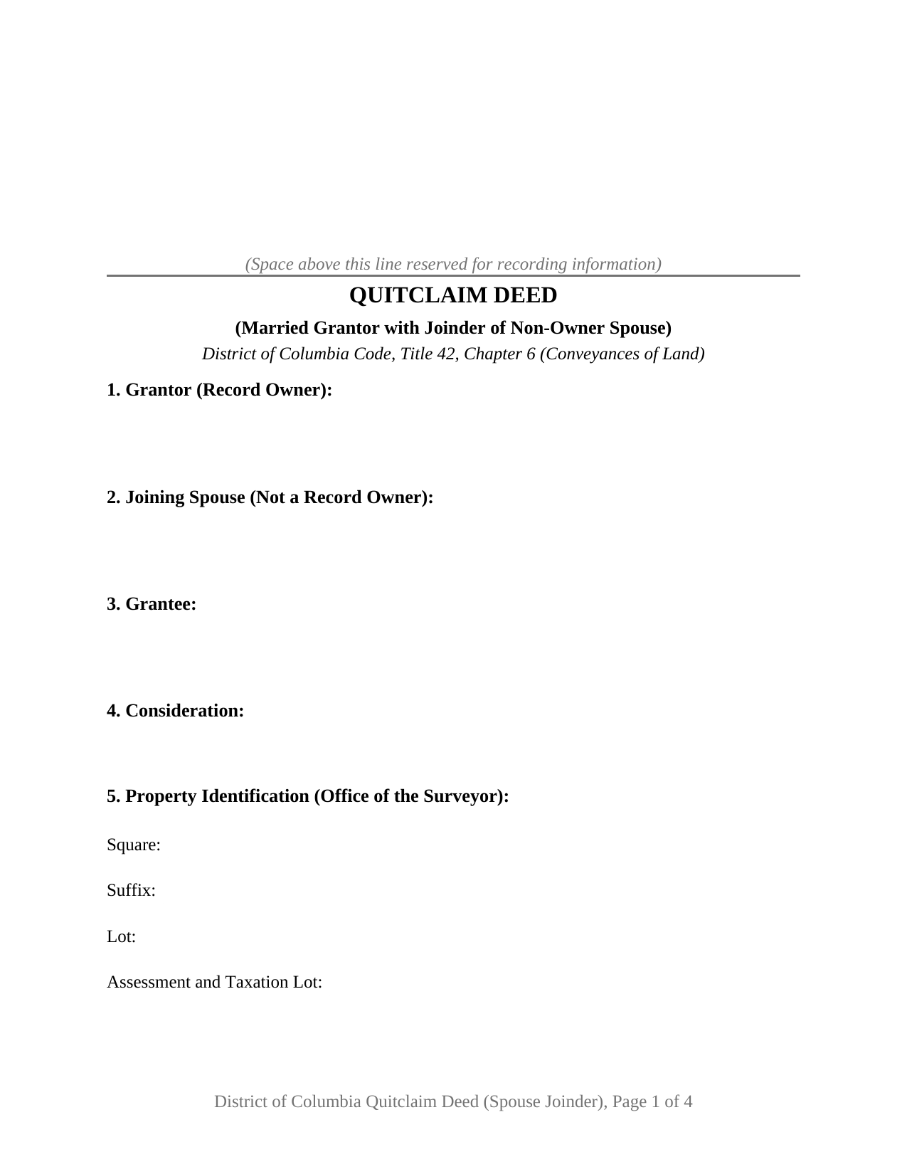 District Of Columbia Quitclaim Deed (Married Grantor with Non-Owner Spouse Joinder)