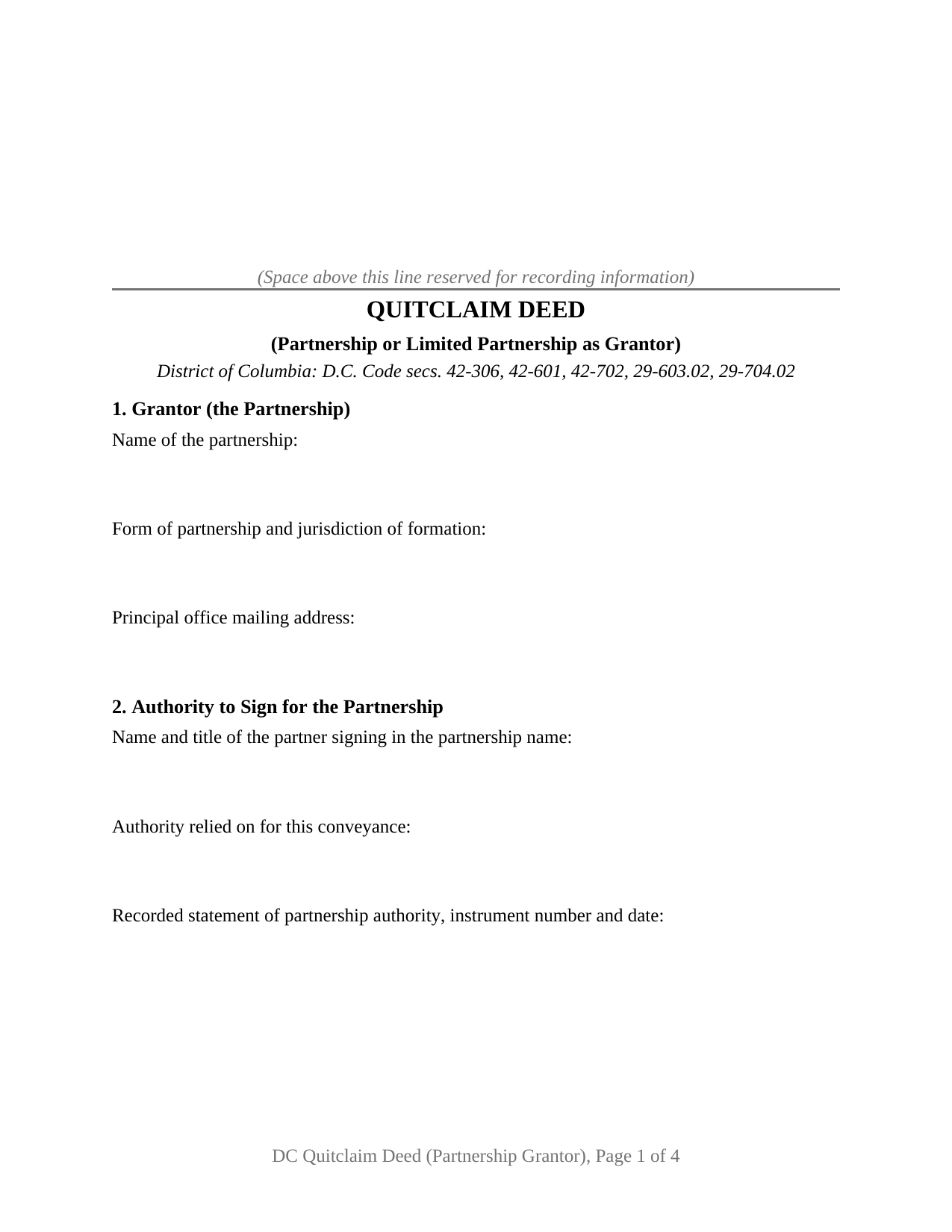 District Of Columbia Quitclaim Deed (Partnership or Limited Partnership Grantor)