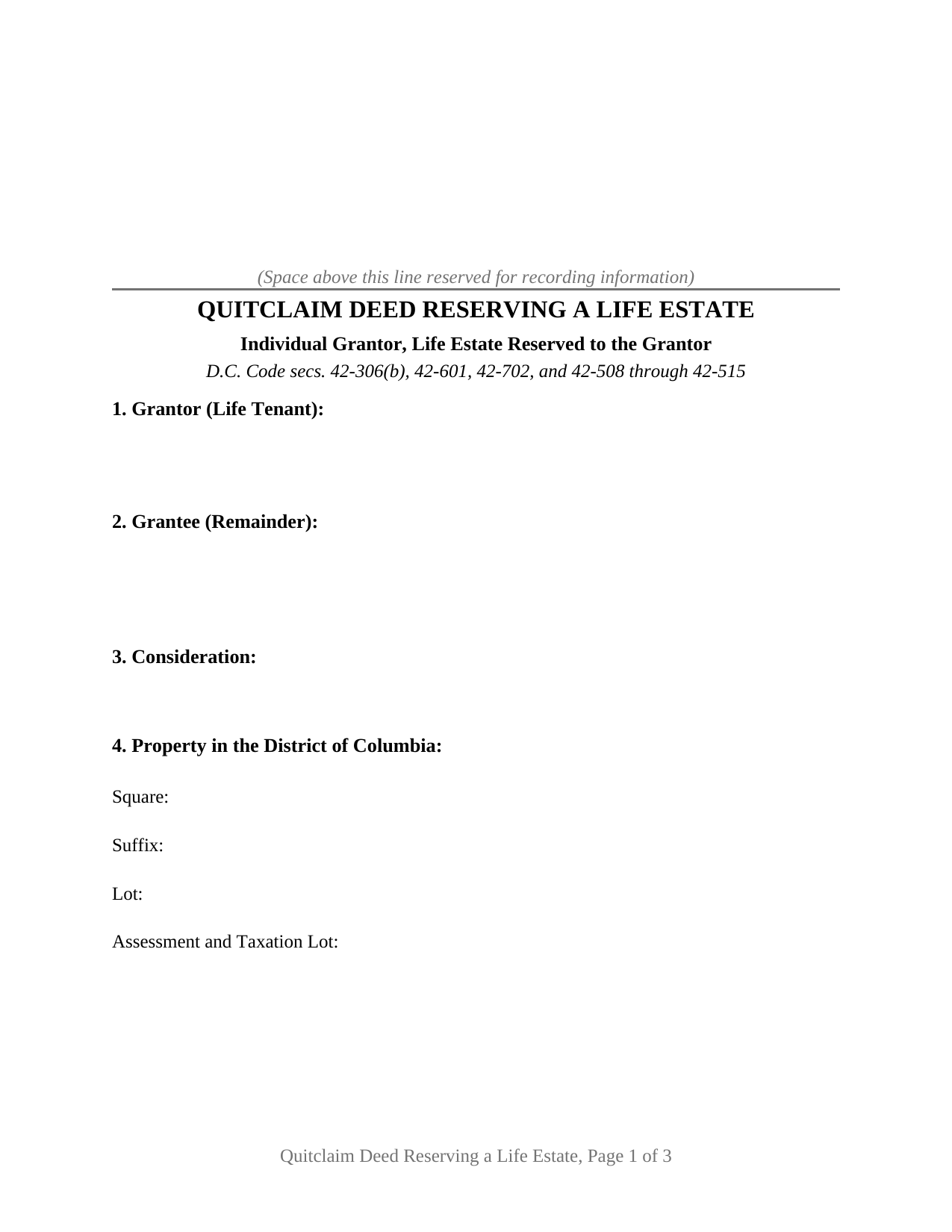 District Of Columbia Quitclaim Deed (Reserving Life Estate)