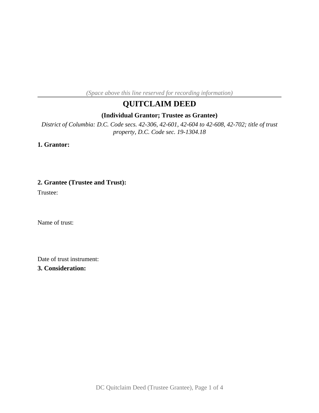 District Of Columbia Quitclaim Deed (Trustee Grantee)
