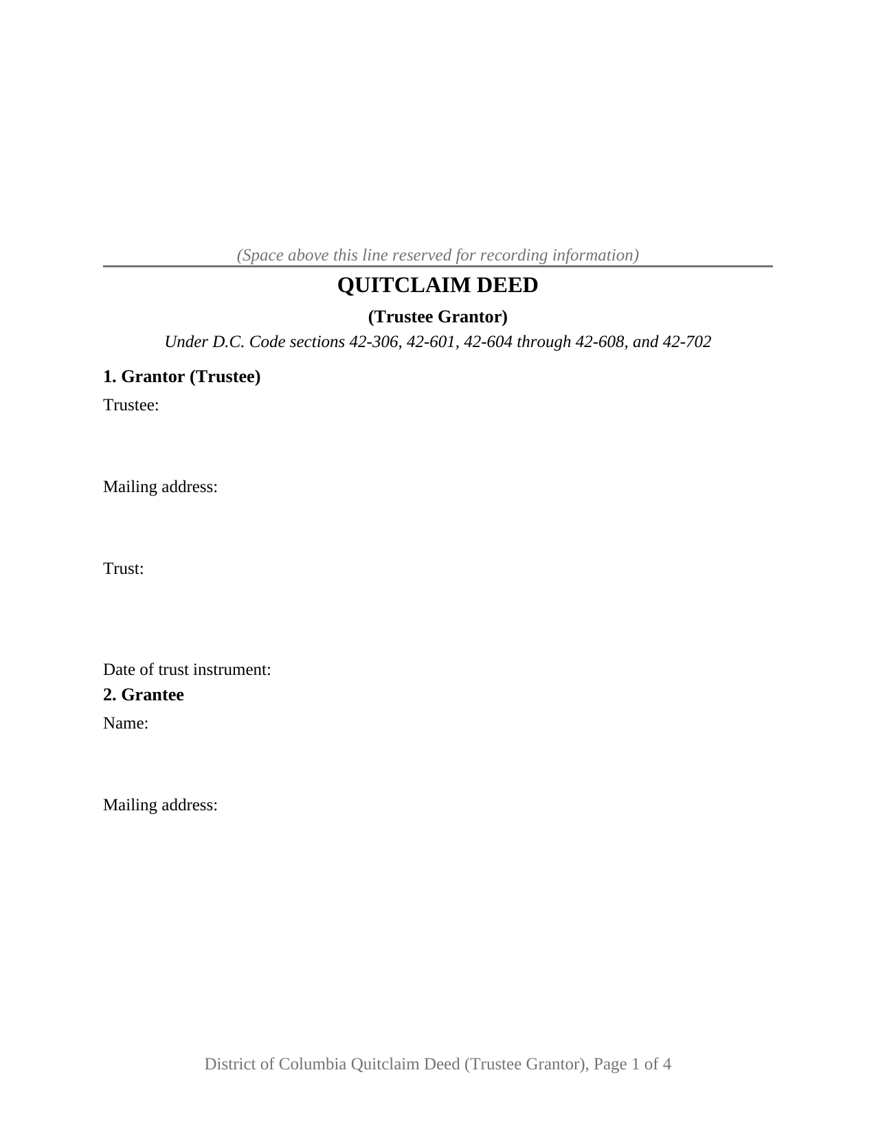 District Of Columbia Quitclaim Deed (Trustee Grantor)