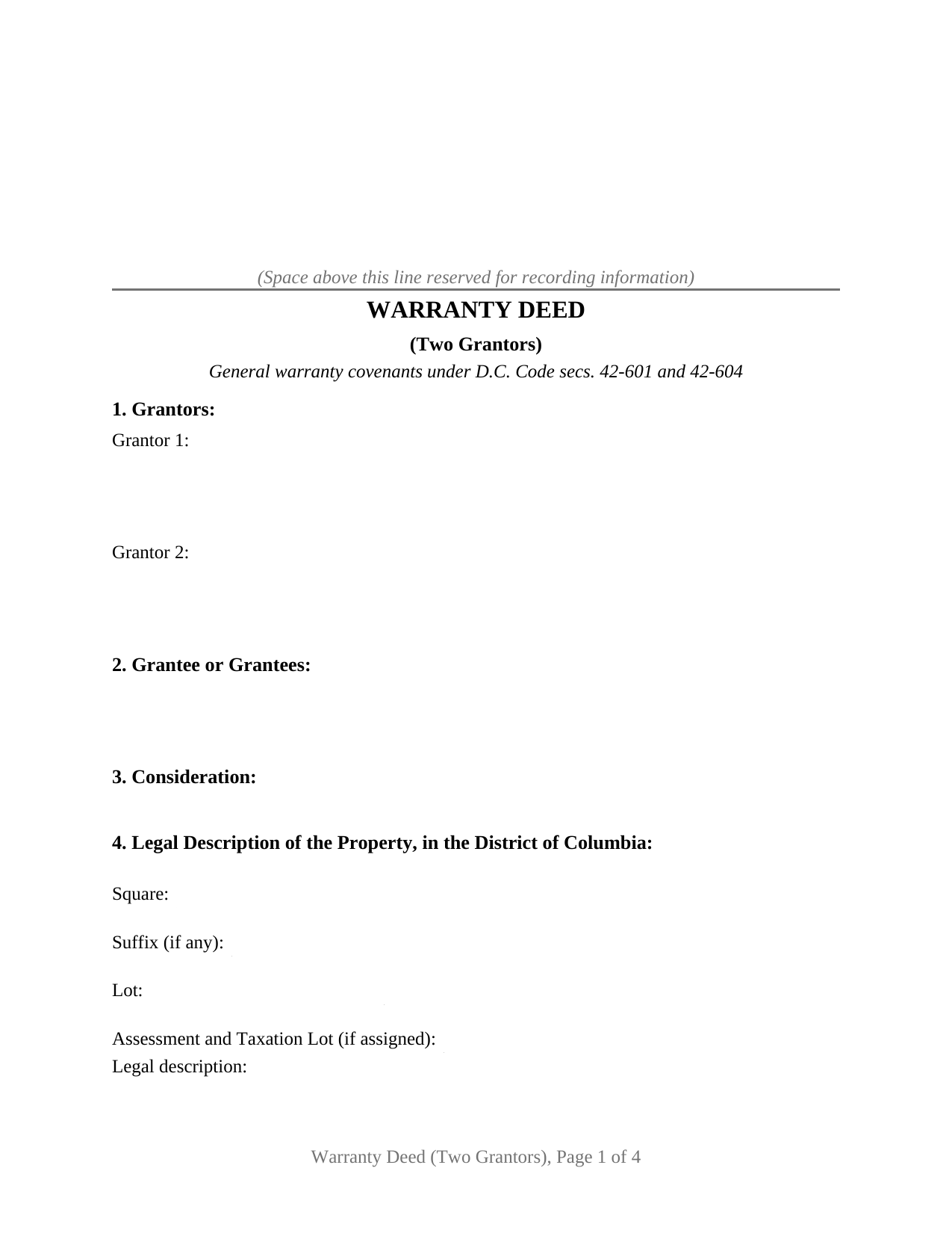 District Of Columbia Warranty Deed (Two Grantors)