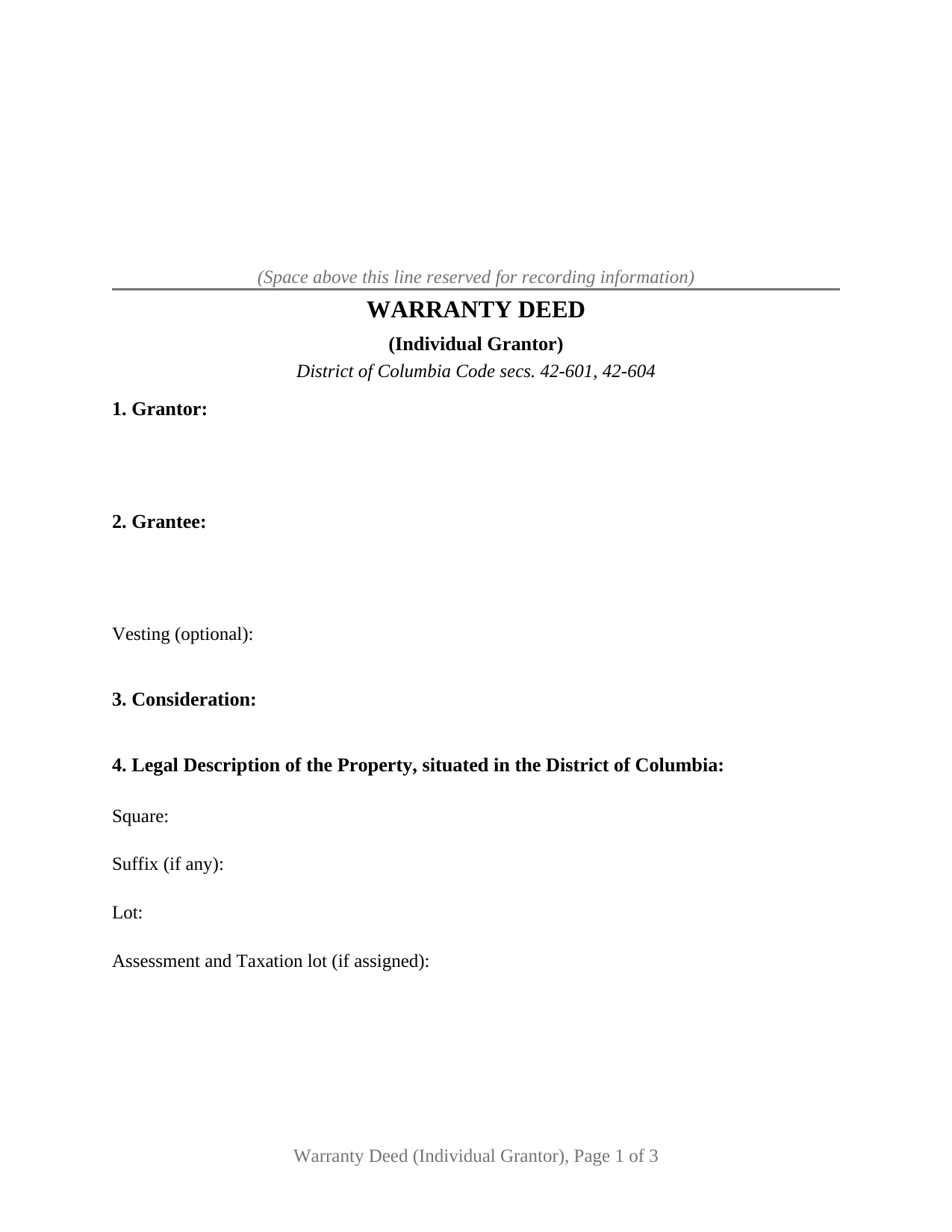 District Of Columbia Warranty Deed (Individual Grantor)