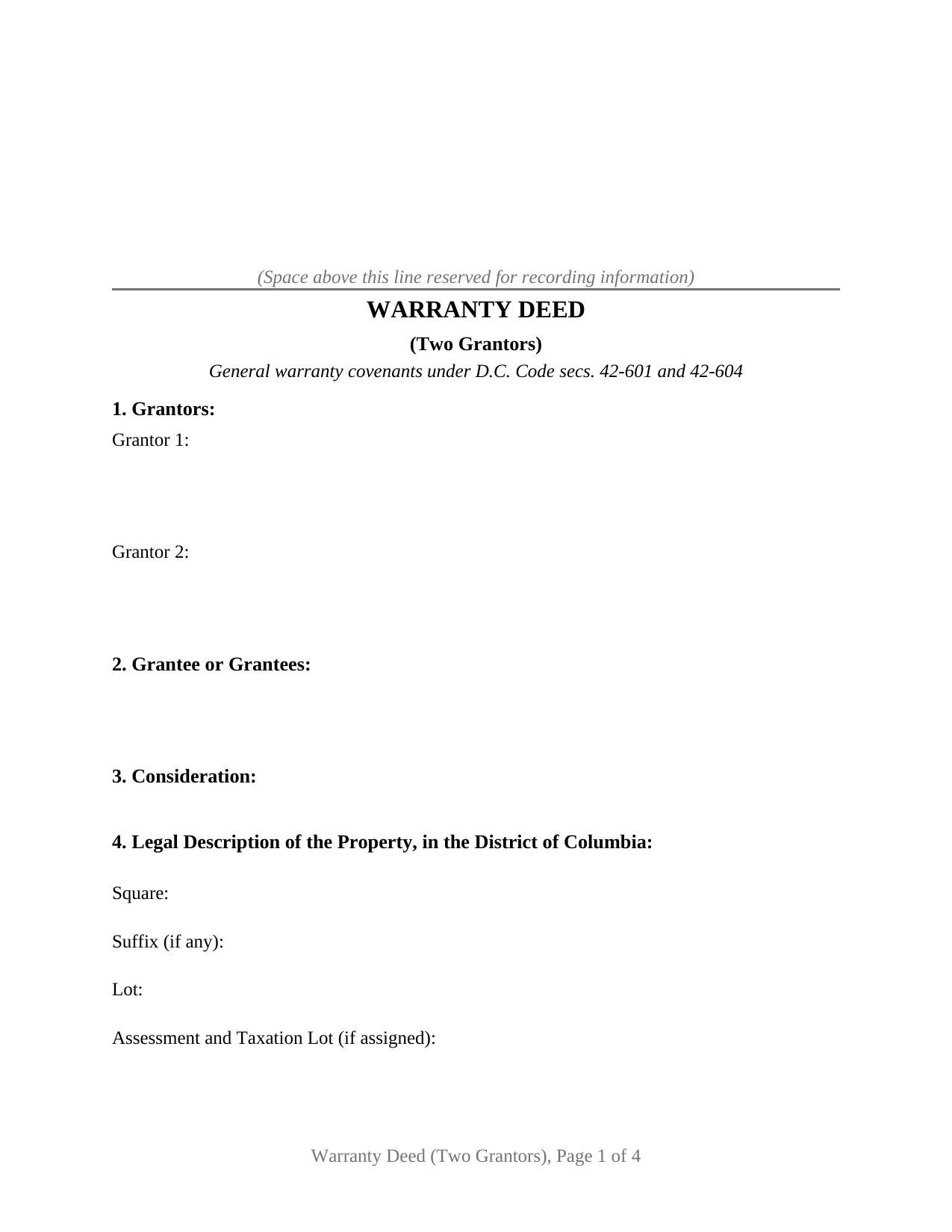 District Of Columbia Warranty Deed (Two Grantors)