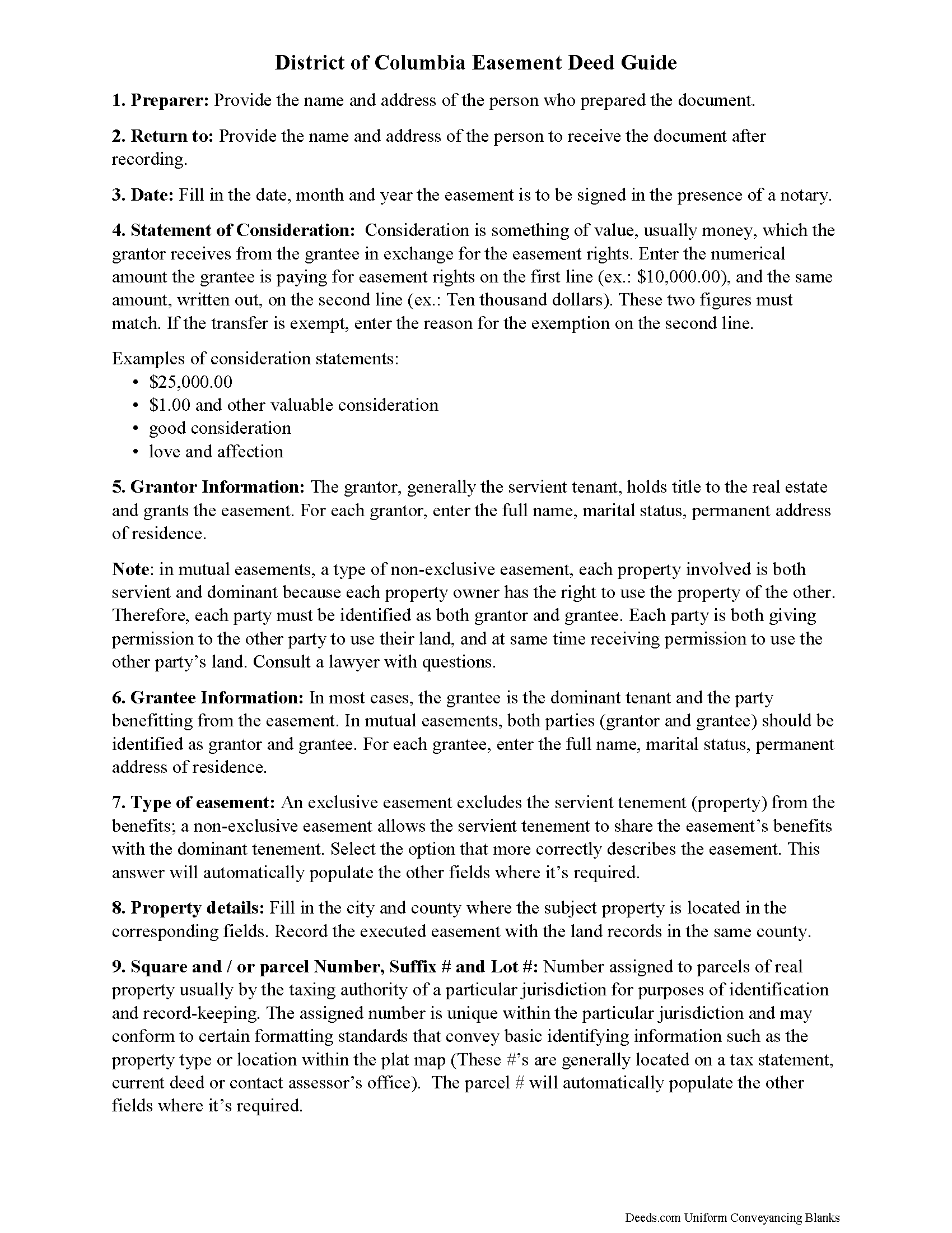 District Of Columbia County Easement Deed Guide