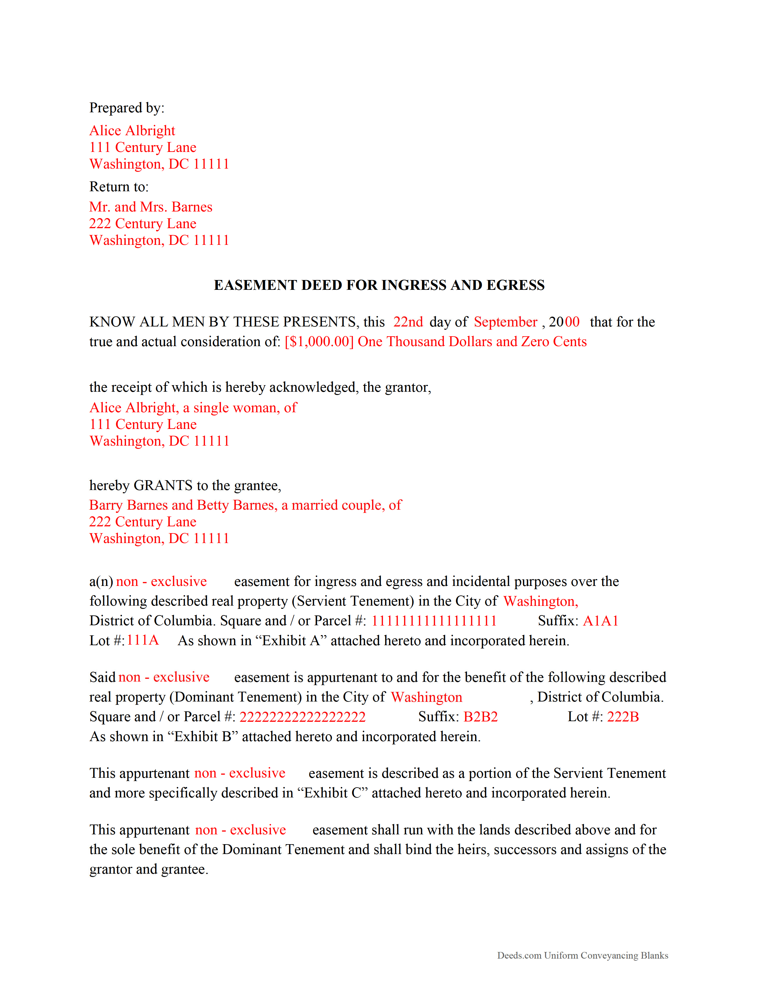 District Of Columbia County Completed Example of the Easement Deed Document