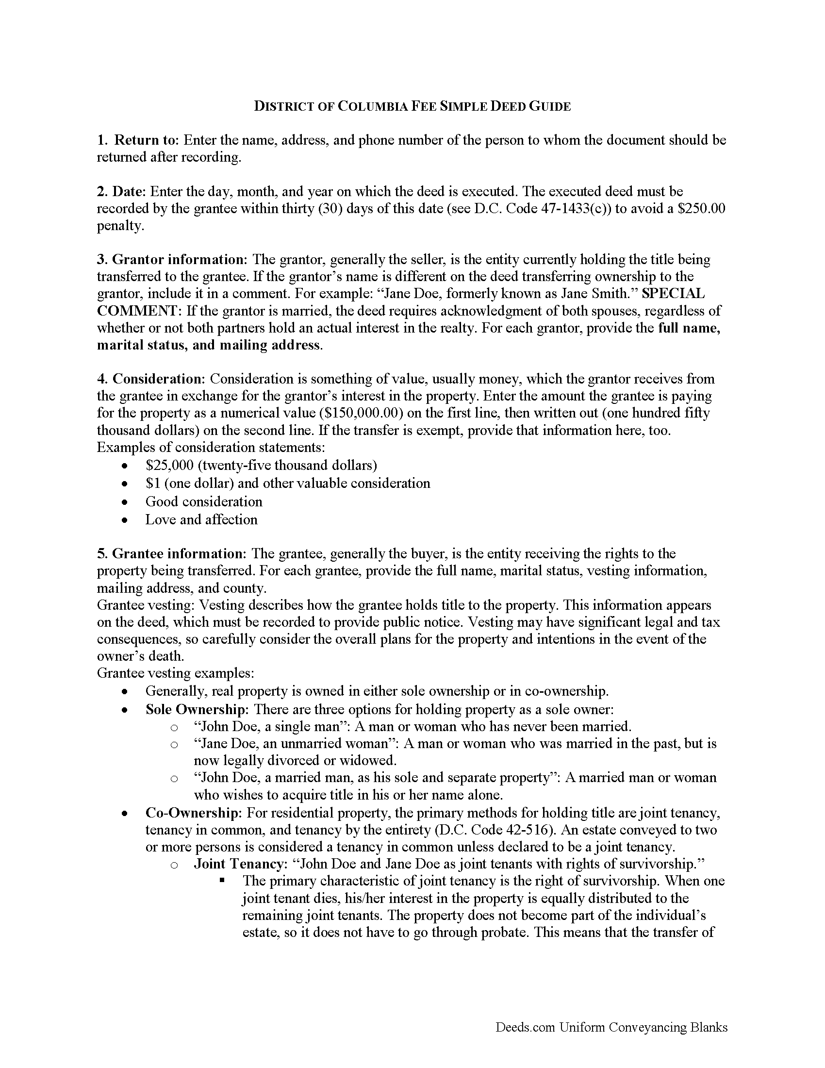 District Of Columbia County Fee Simple Deed Guide