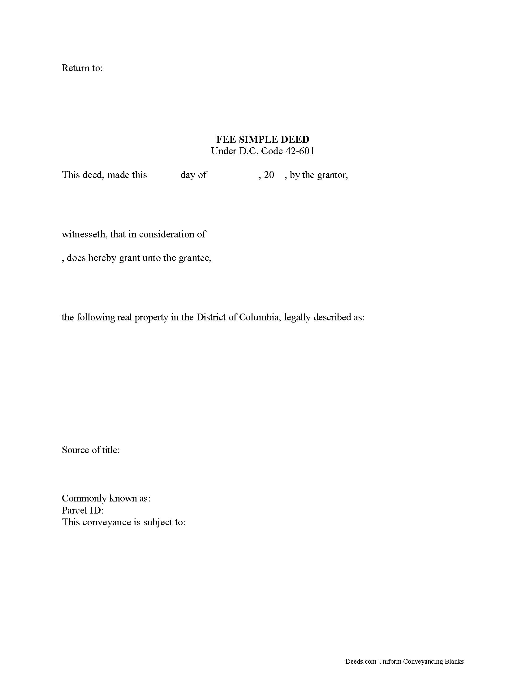 District Of Columbia County Fee Simple Deed Form
