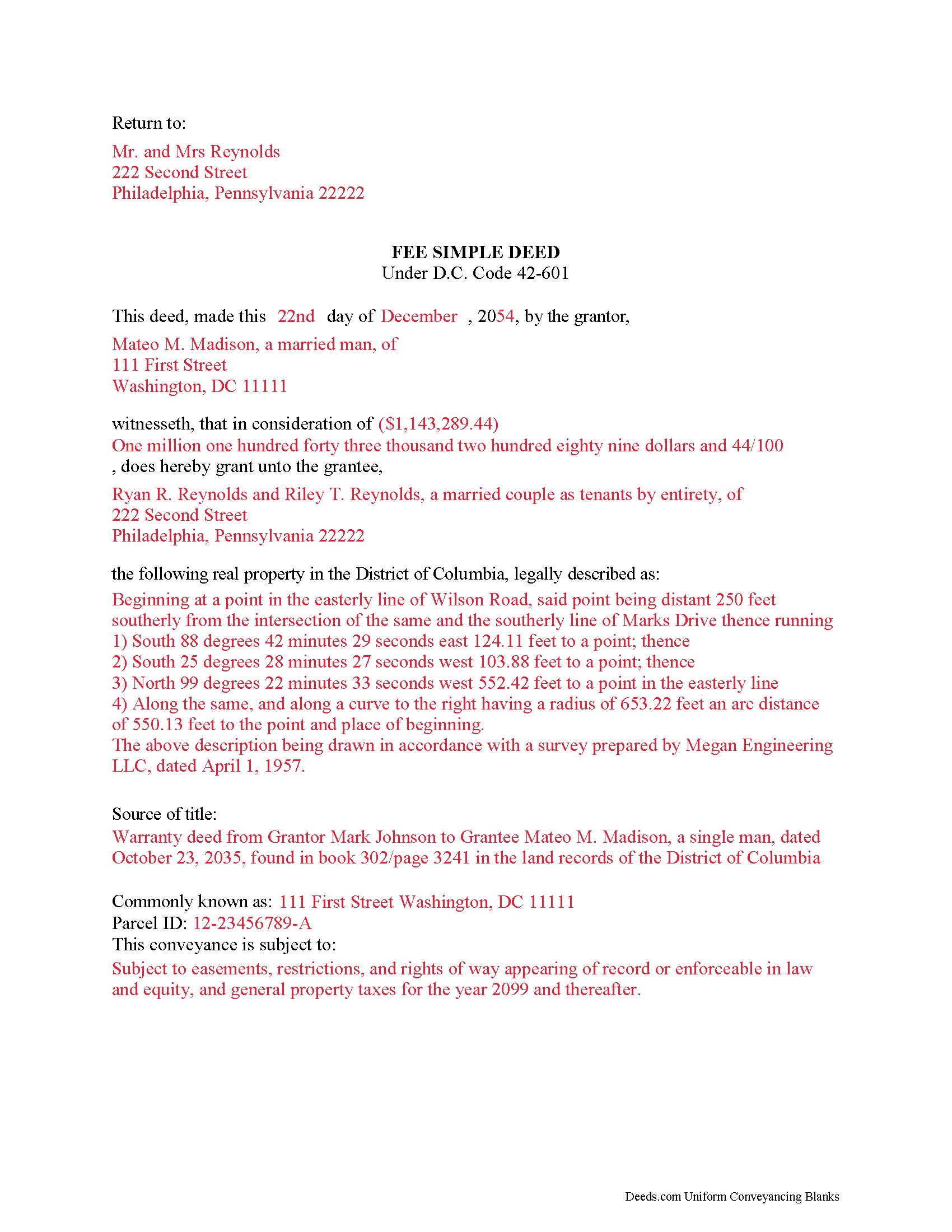 District Of Columbia County Completed Example of the Fee Simple Deed Document