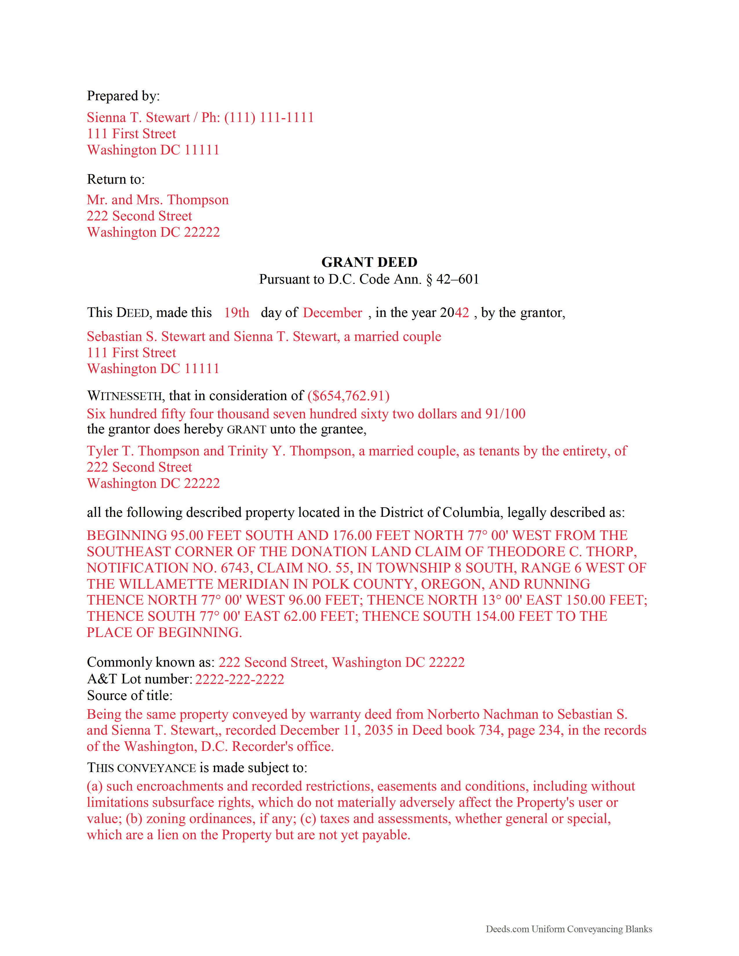 District Of Columbia County Completed Example of the Grant Deed Document