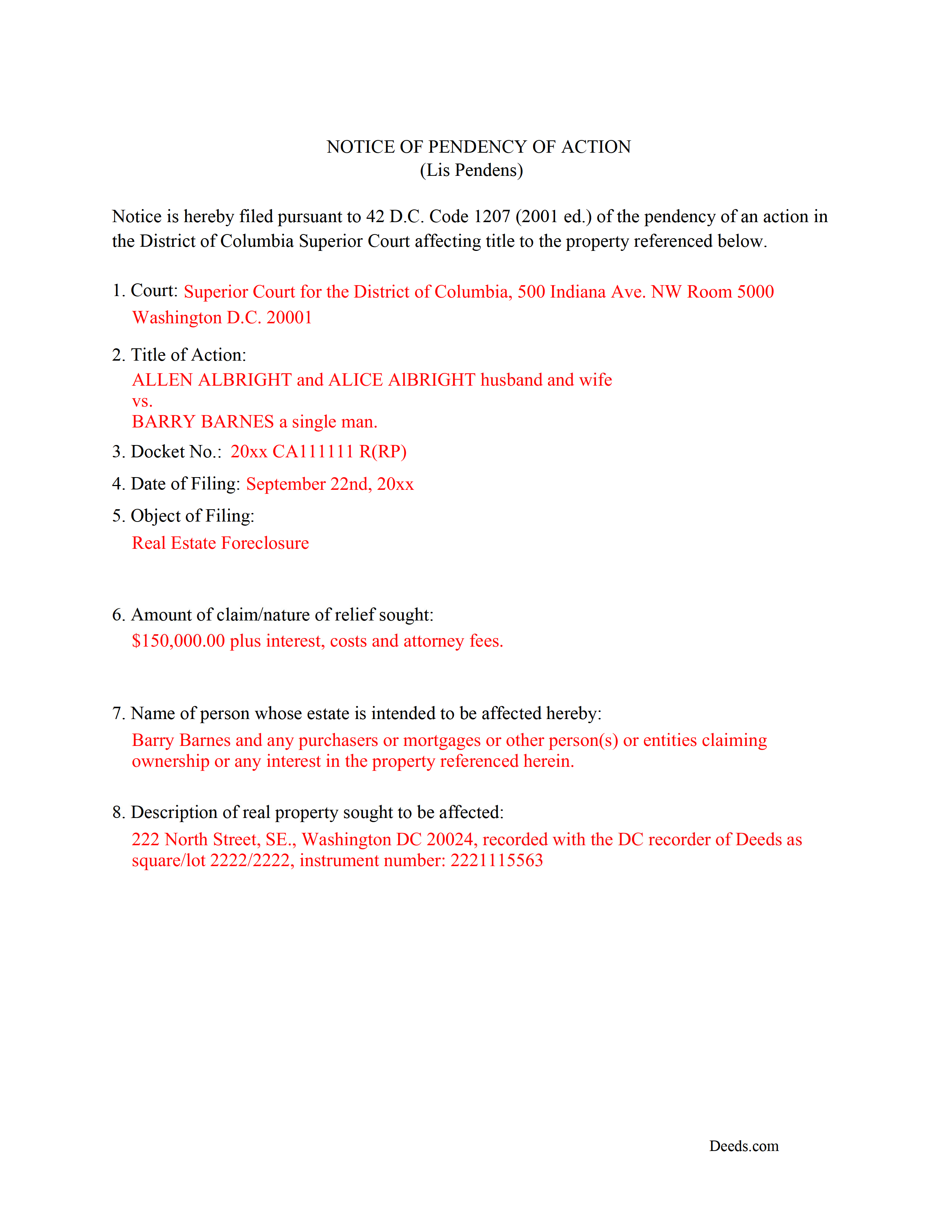 District Of Columbia County Completed Example of the Lis Pendens Document