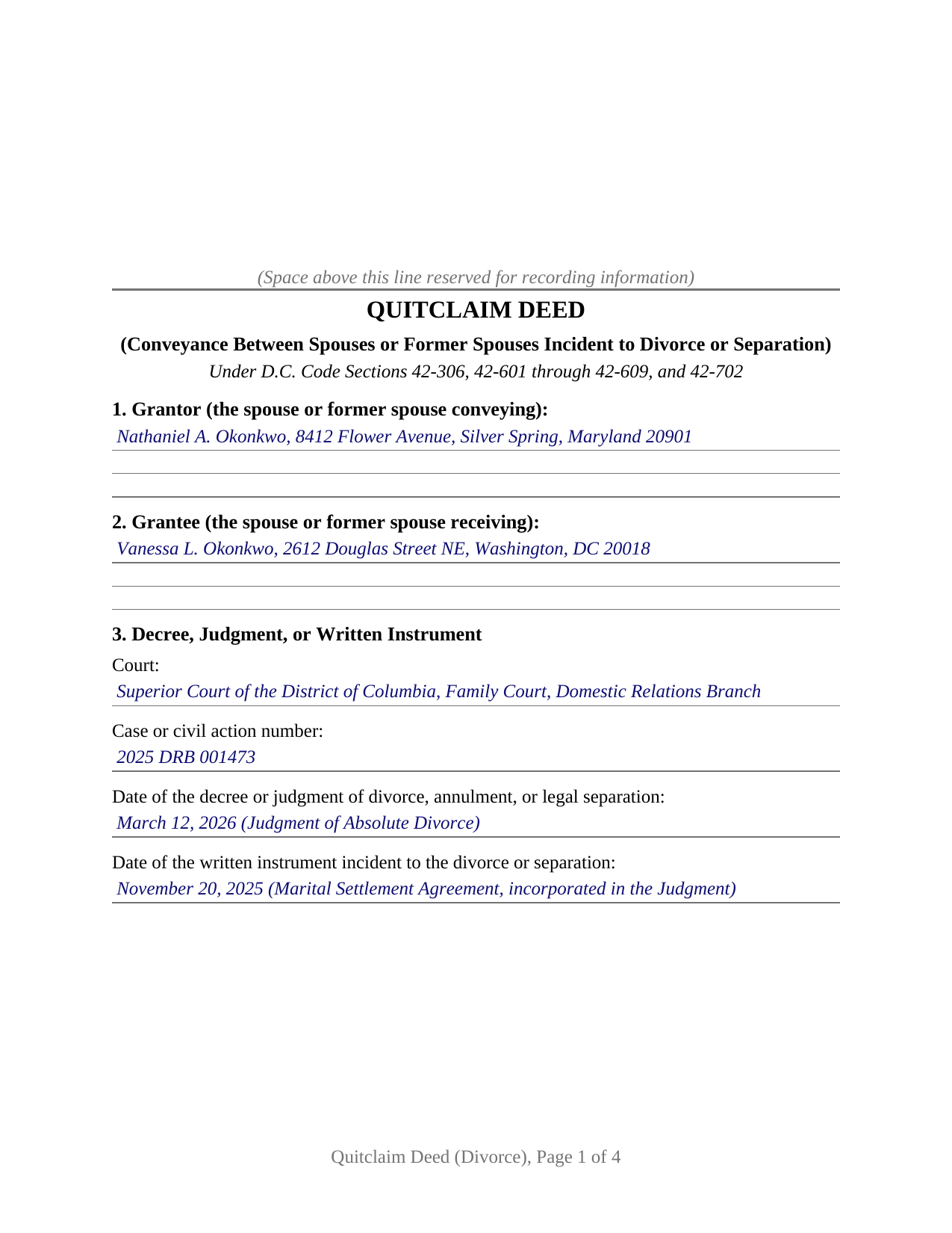 District Of Columbia County Completed Example of the Quitclaim Deed (Divorce) Document