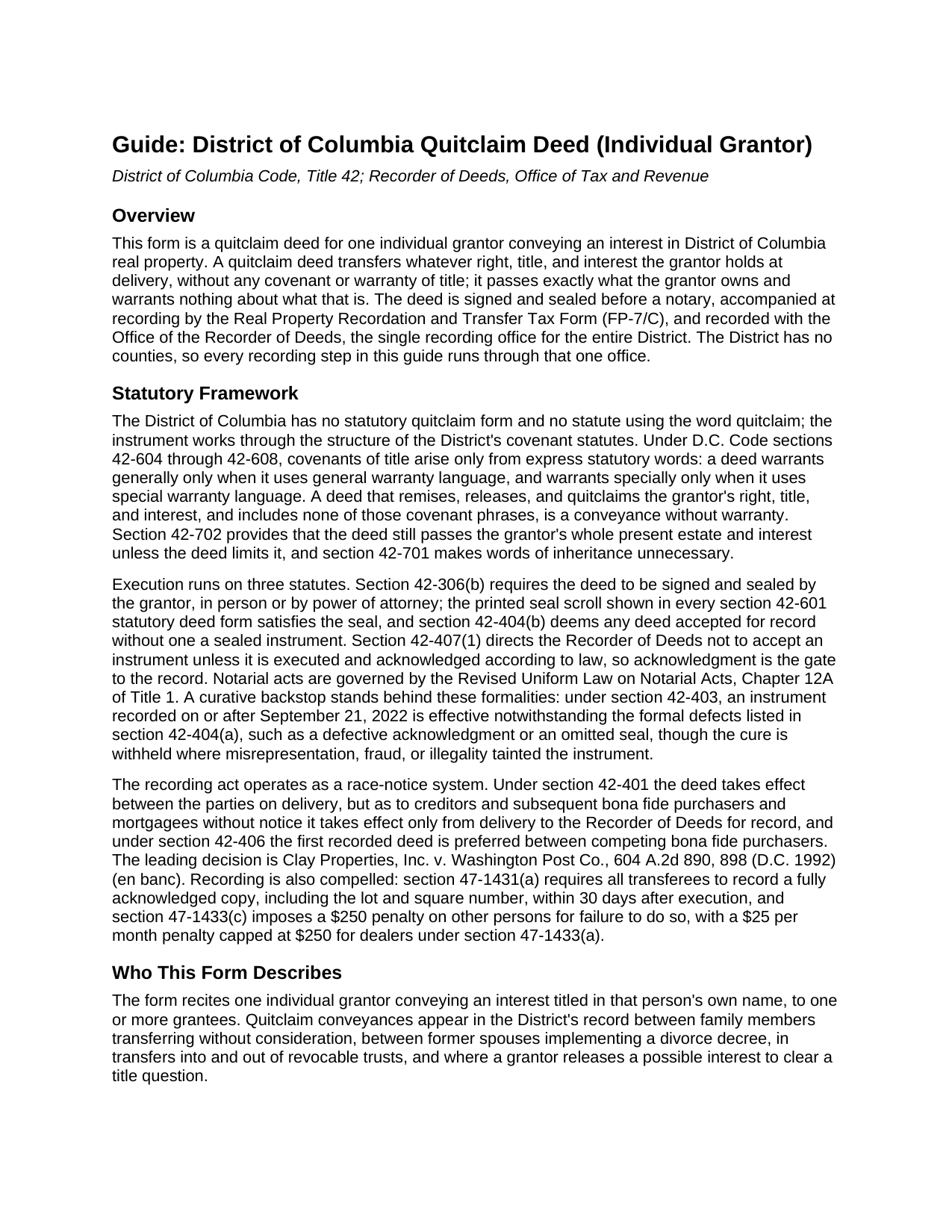 District Of Columbia County Quitclaim Deed (Individual Grantor) Guide