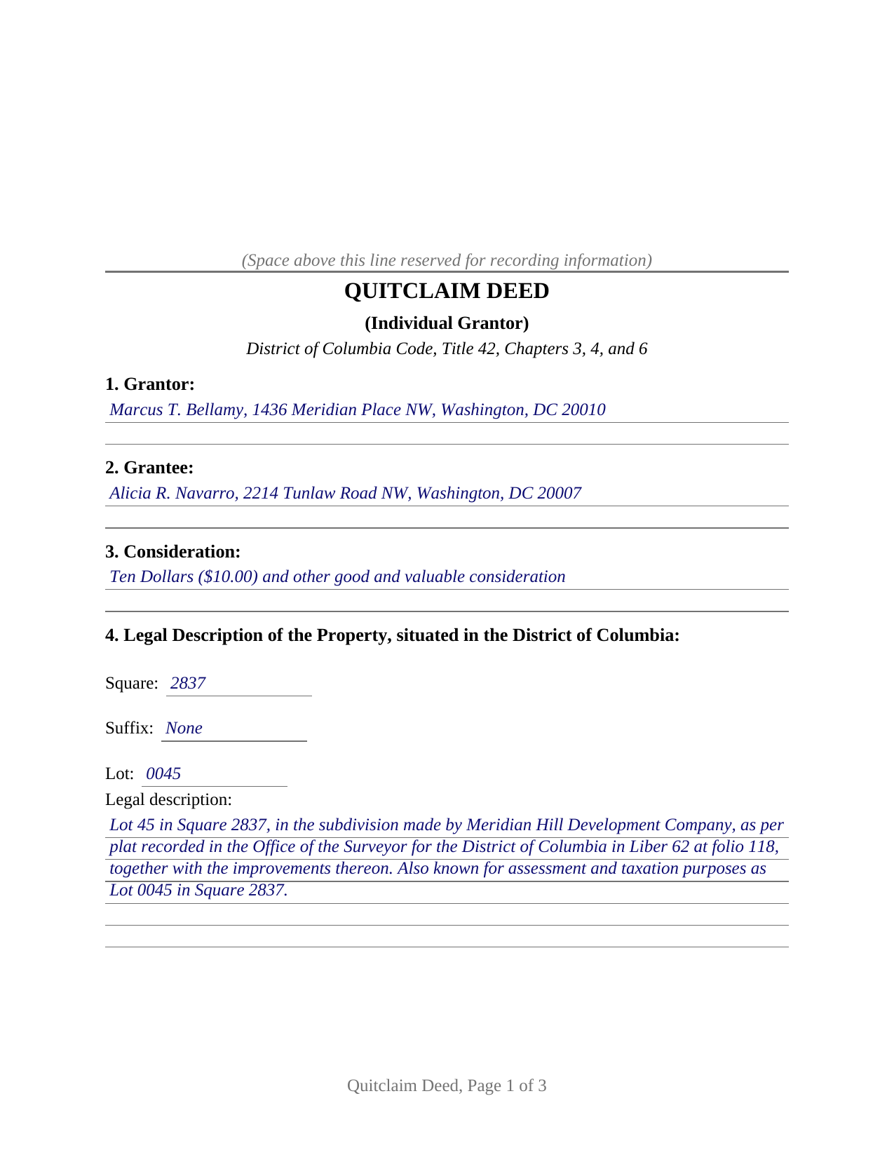 District Of Columbia County Completed Example of the Quitclaim Deed (Individual Grantor) Document