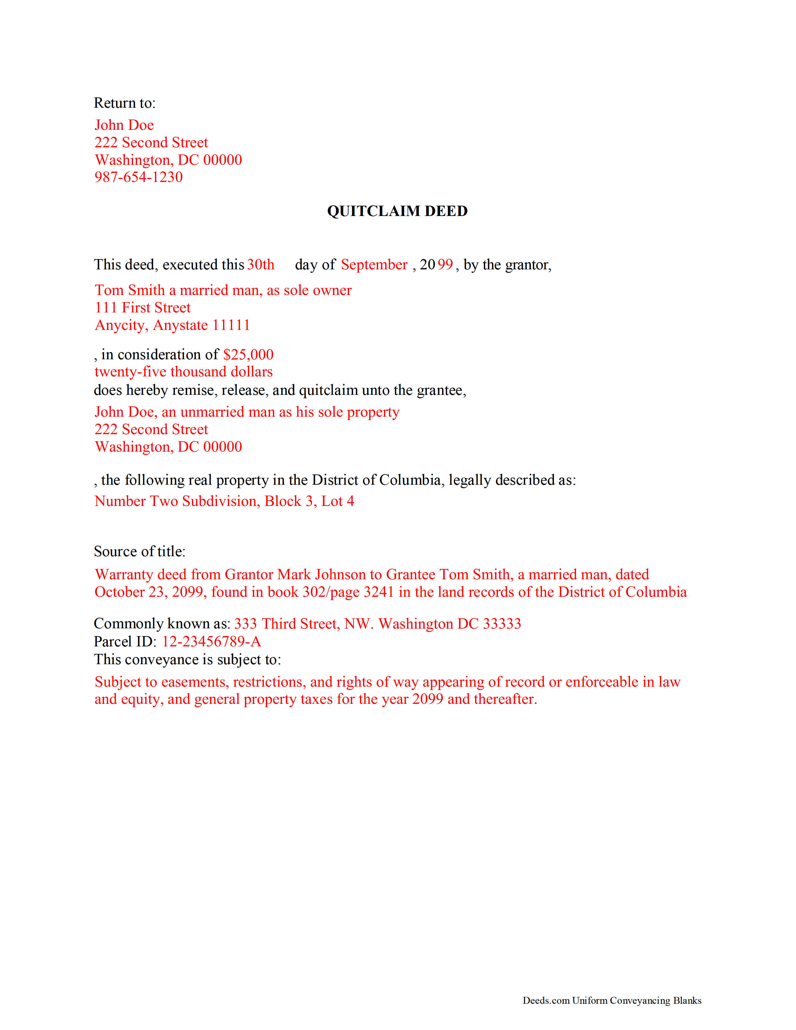 District Of Columbia County Completed Example of the Quitclaim Deed Document