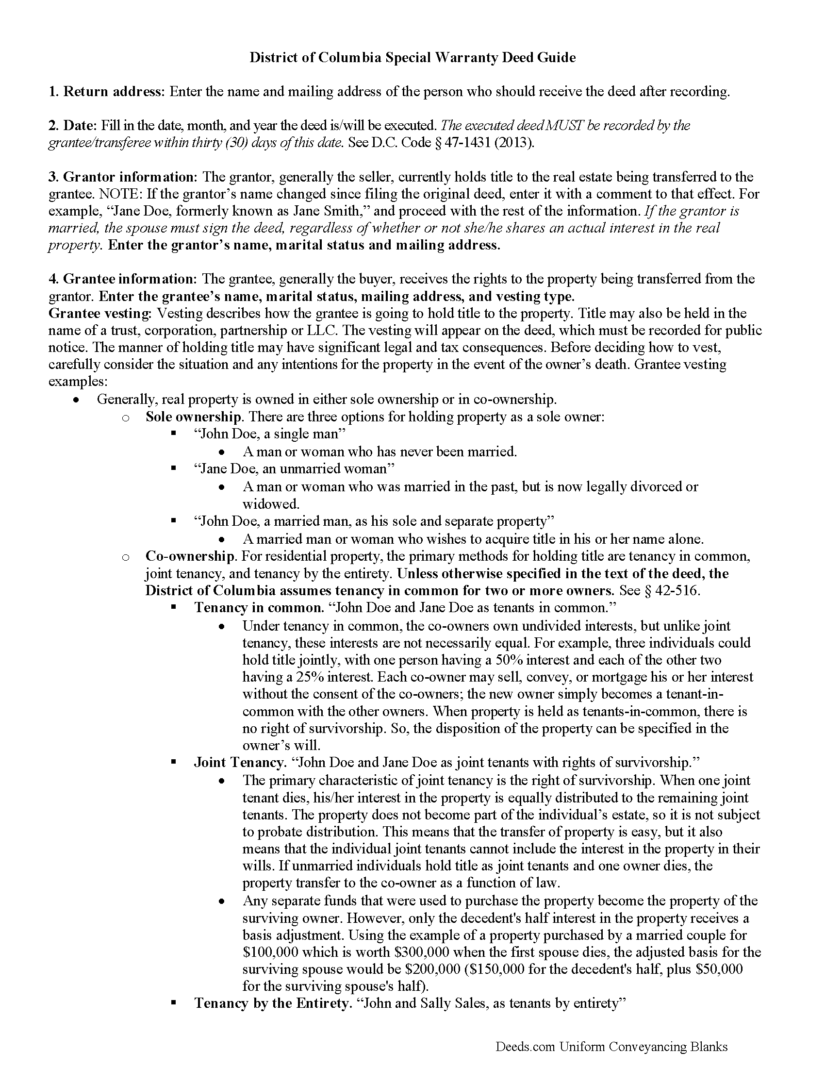District Of Columbia County Special Warranty Deed Guide