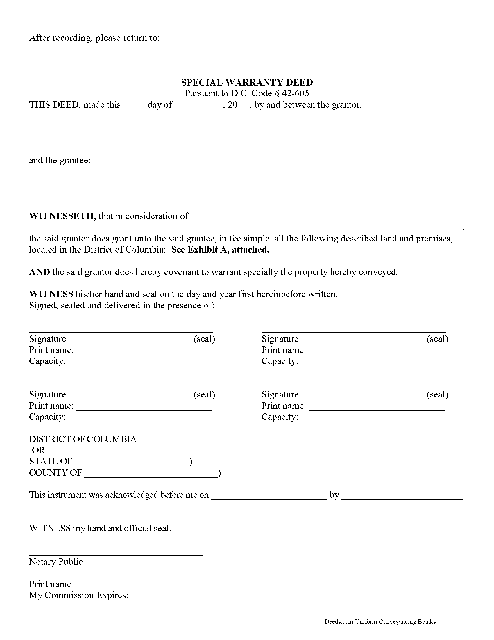 District Of Columbia County Special Warranty Deed Form