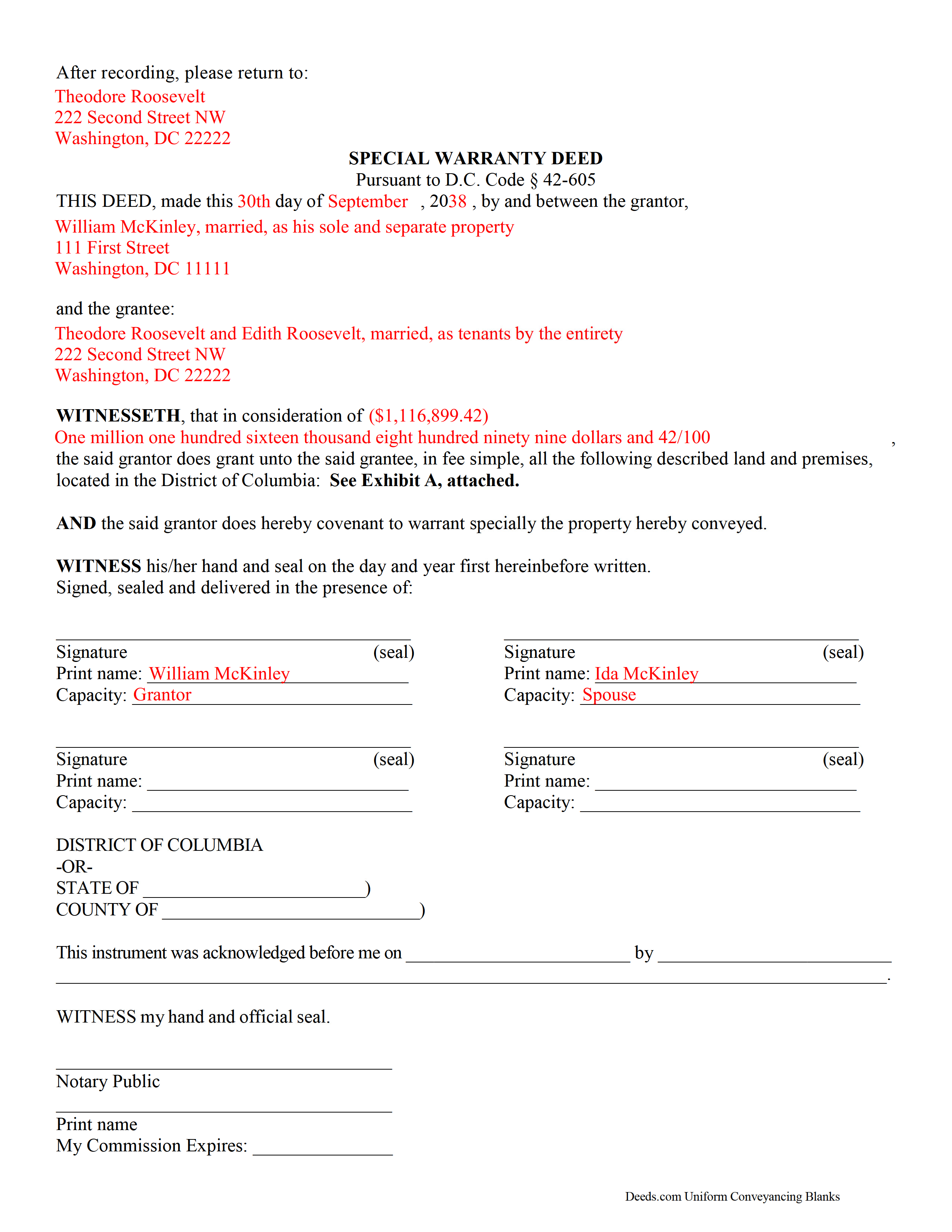 District Of Columbia County Completed Example of the Special Warranty Deed Document
