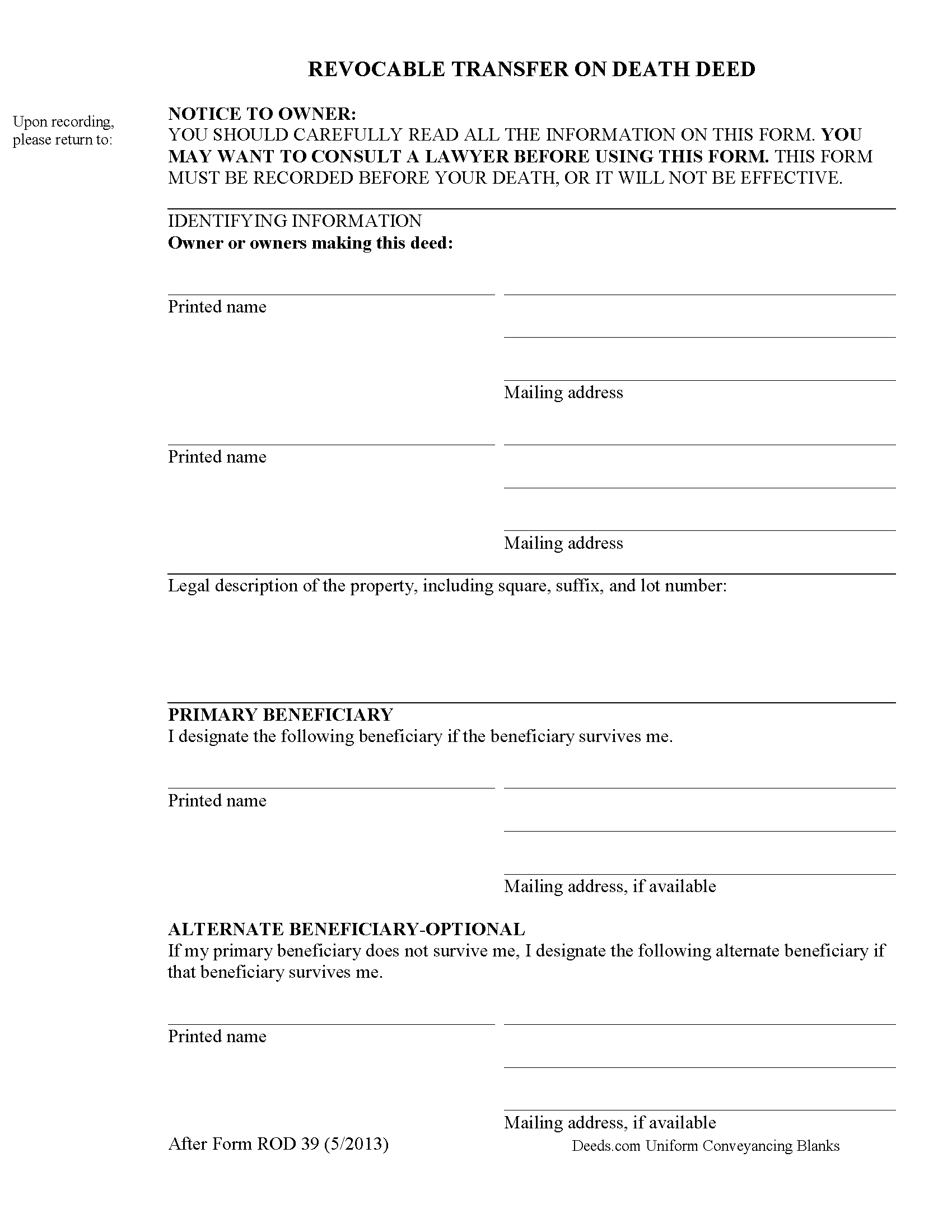 District Of Columbia County Transfer on Death Deed Form