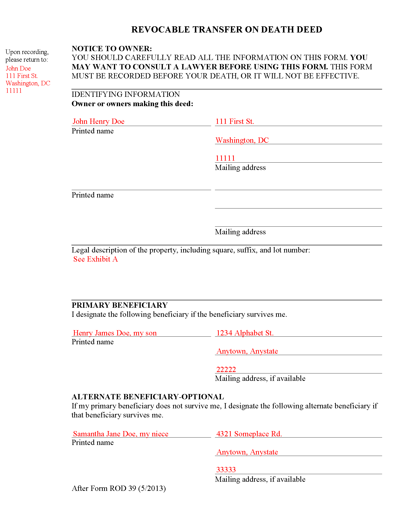 District Of Columbia County Completed Example of the Transfer on Death Deed Document
