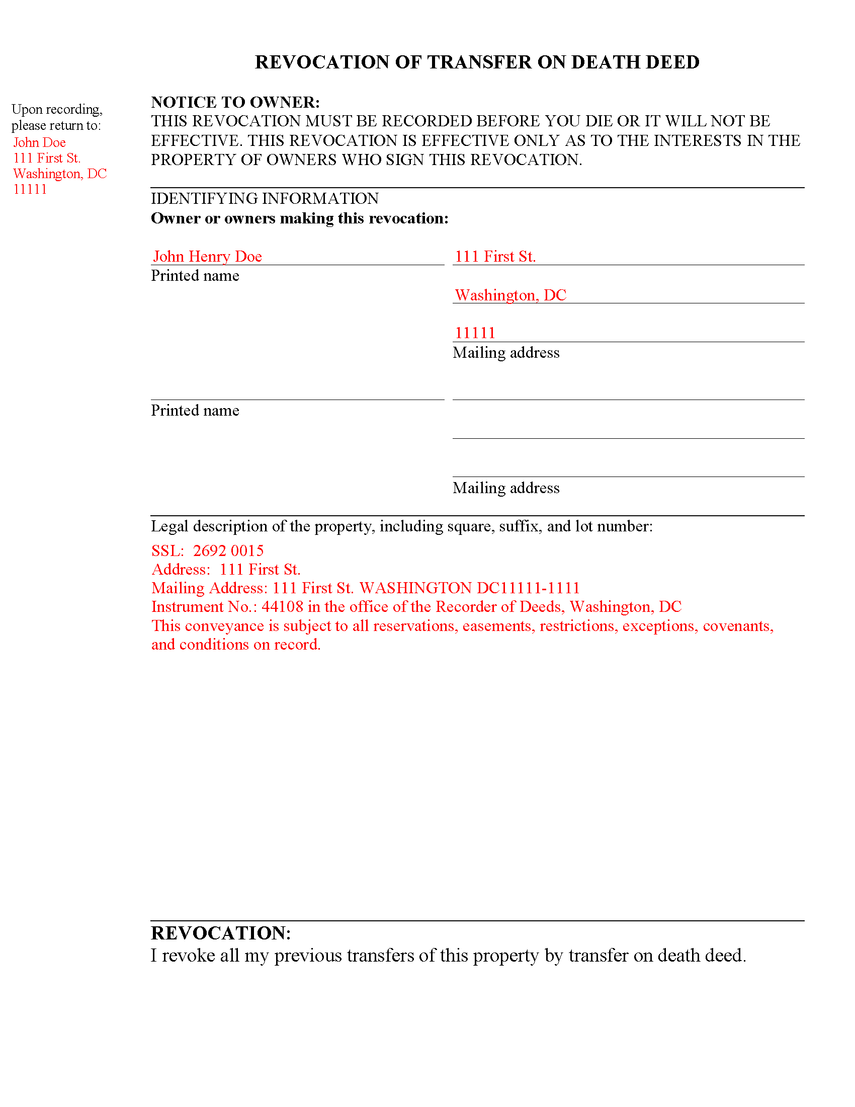 District Of Columbia County Completed Example of the Transfer on Death Revocation Document