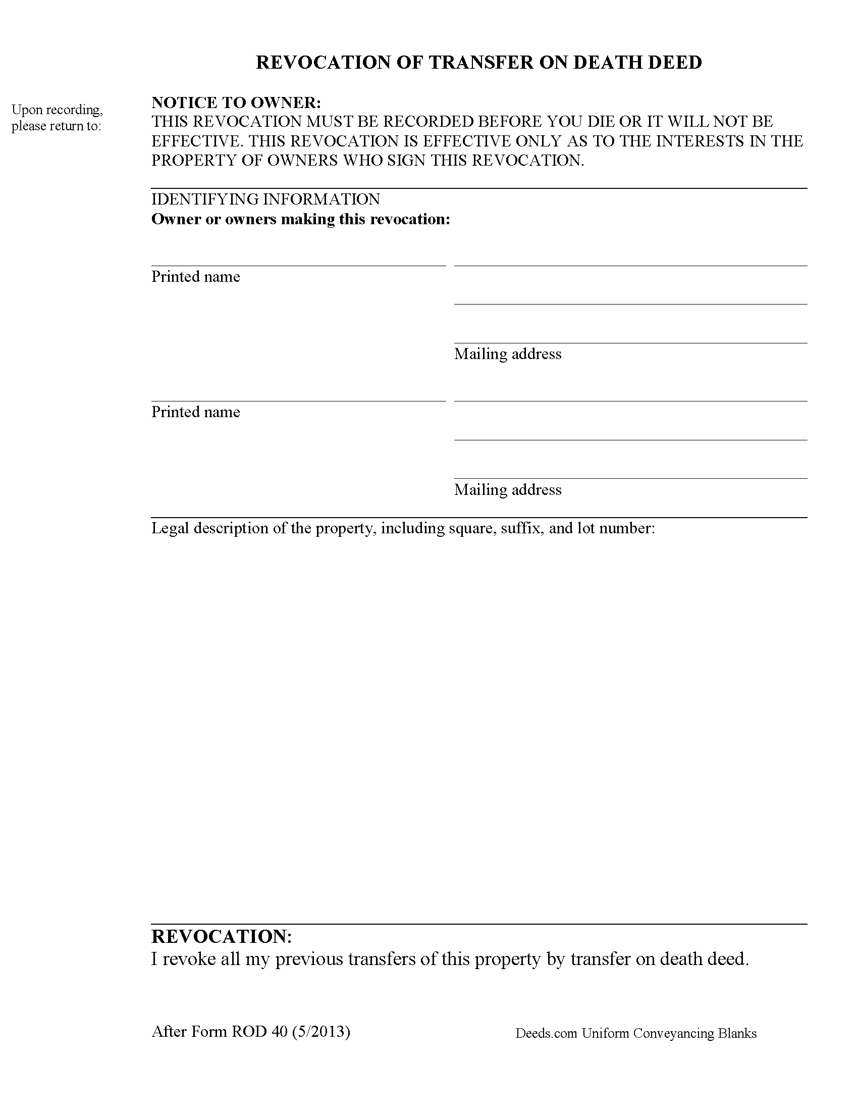 District Of Columbia County Transfer on Death Revocation Form