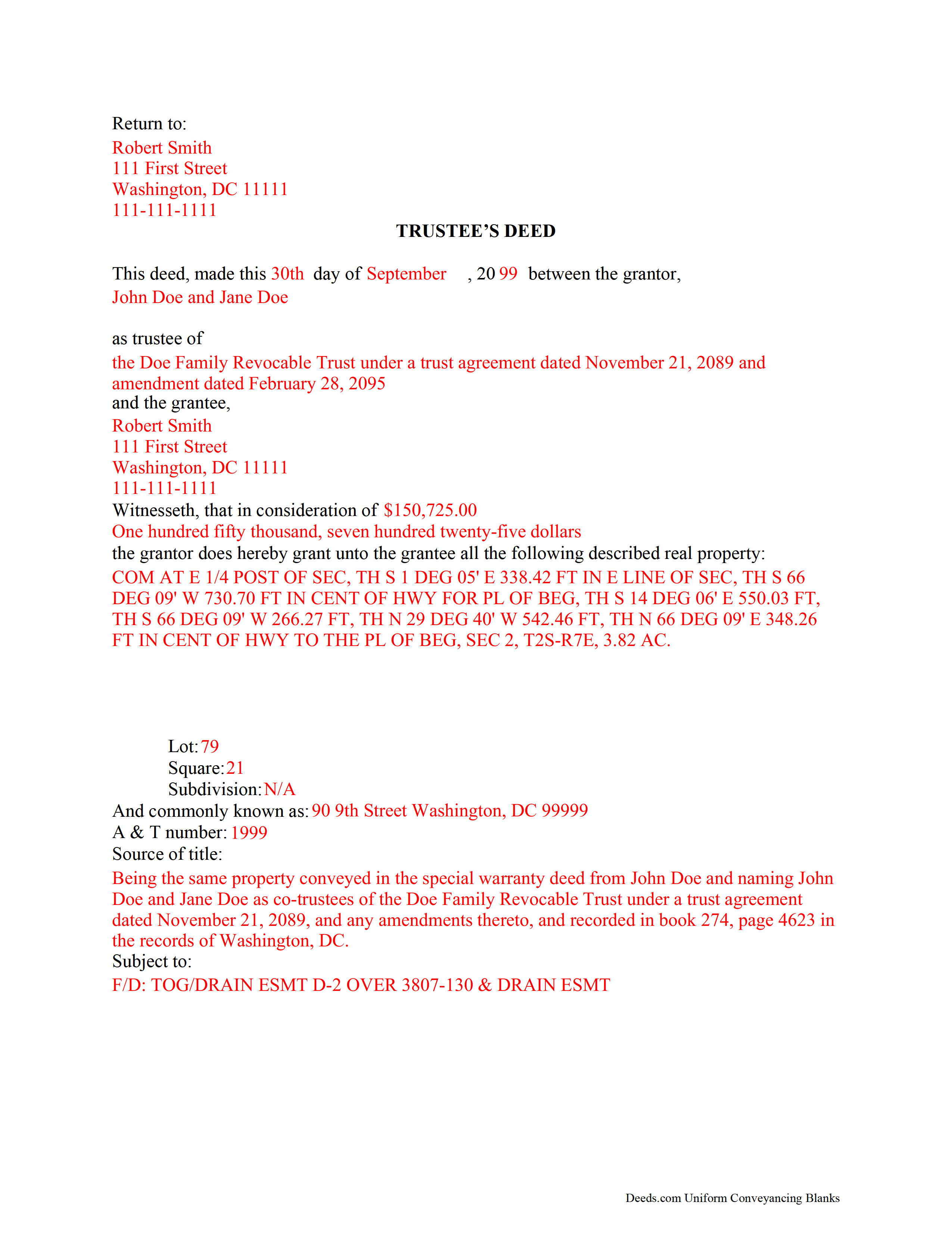 District Of Columbia County Completed Example of the Trustee Deed Document