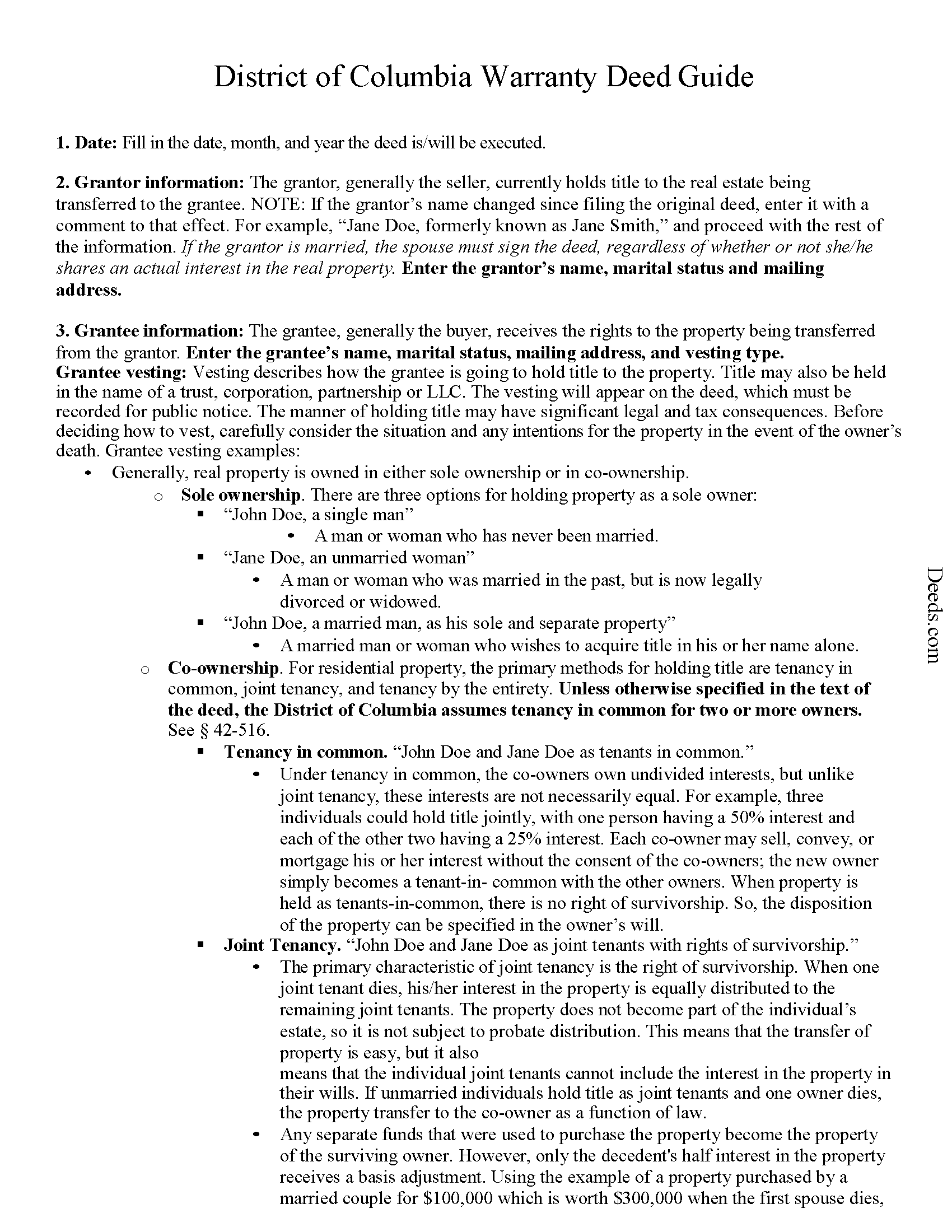 District Of Columbia County Warranty Deed Guide