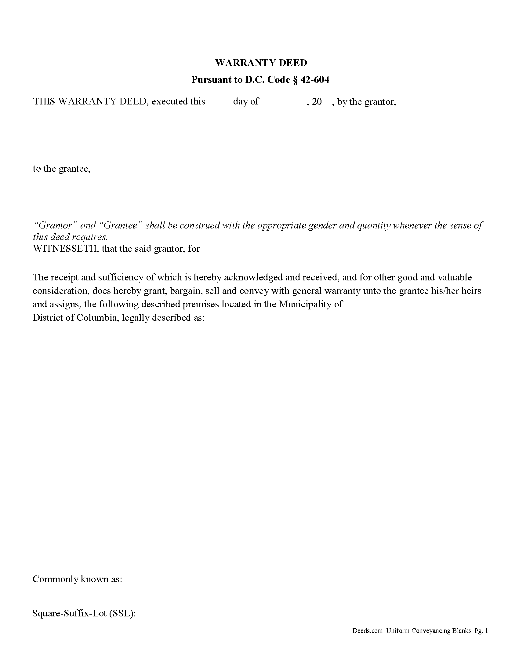 District Of Columbia County Warranty Deed Form